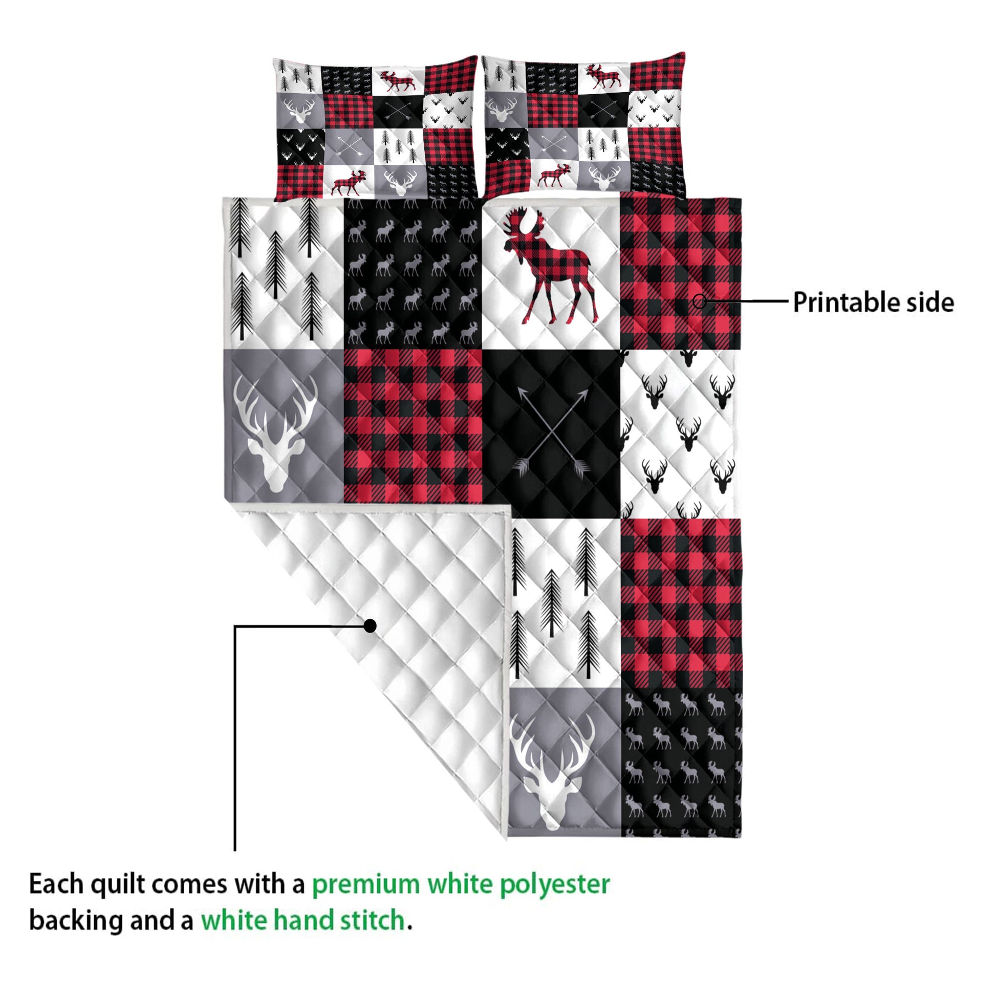 Ohaprints-Quilt-Bed-Set-Pillowcase-Buffalo-Plaid-Patchwork-Elk-Arrows-Deer-Head-And-Trees-Chrismas-Gift-Blanket-Bedspread-Bedding-4217-Queen (80'' x 90'')