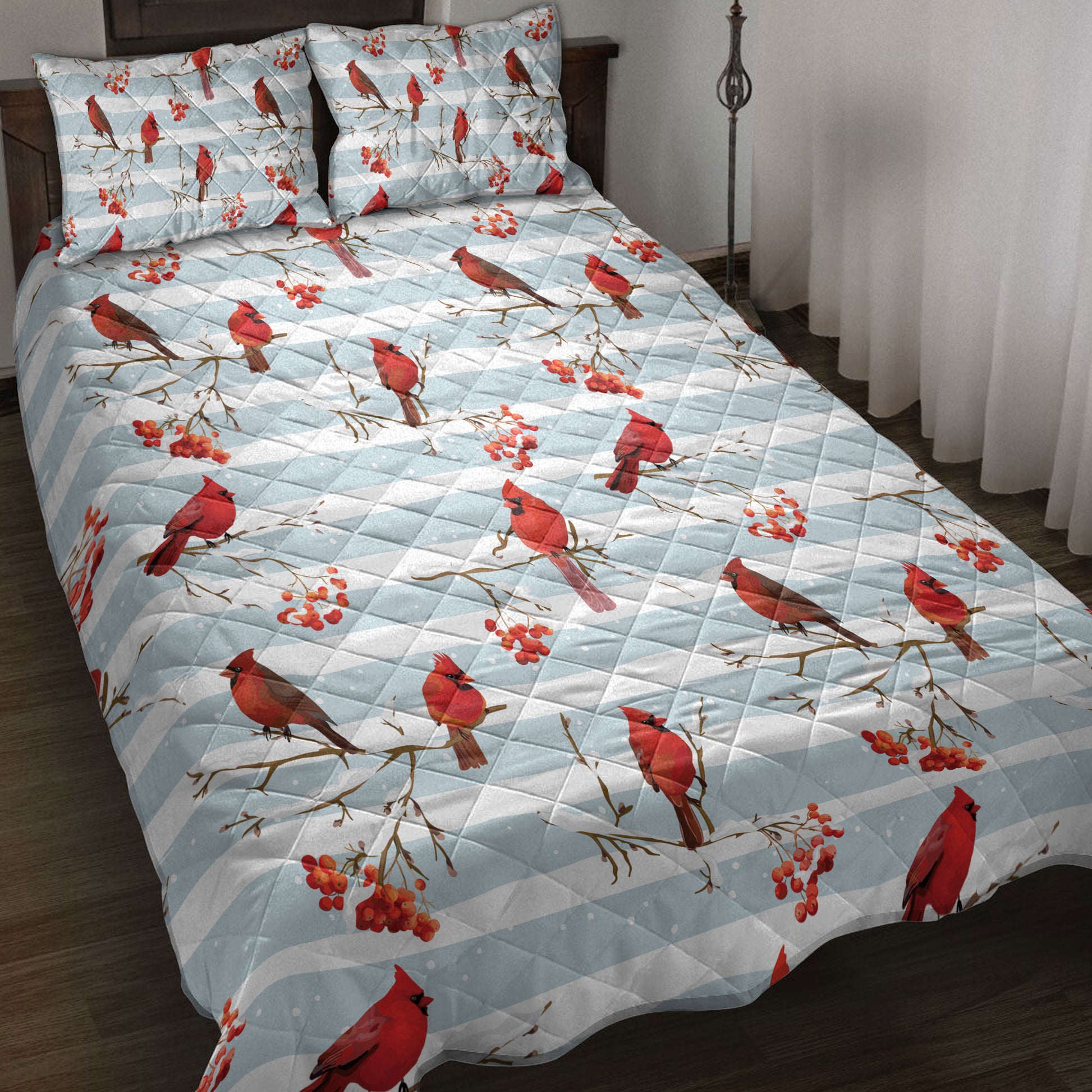 Ohaprints-Quilt-Bed-Set-Pillowcase-Winter-Cardinal-Birds-Rowan-Berries-Snowflake-Chrismas-Unique-Gifts-Blanket-Bedspread-Bedding-4218-Throw (55'' x 60'')