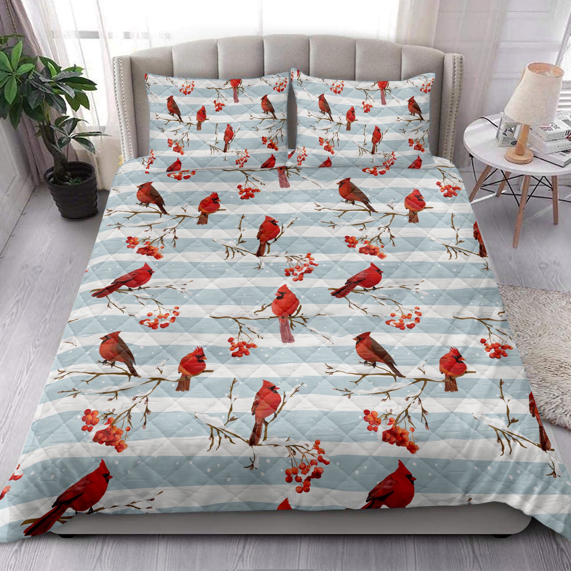 Ohaprints-Quilt-Bed-Set-Pillowcase-Winter-Cardinal-Birds-Rowan-Berries-Snowflake-Chrismas-Unique-Gifts-Blanket-Bedspread-Bedding-4218-King (90'' x 100'')