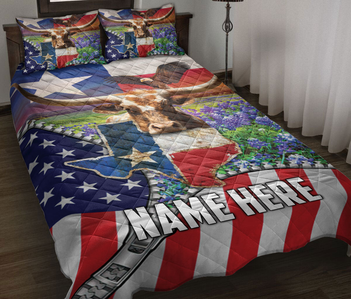 Ohaprints-Quilt-Bed-Set-Pillowcase-Texas-Flag-Longhorn-Flower-Wild-West-Western-Texas-Custom-Personalized-Name-Blanket-Bedspread-Bedding-1672-Throw (55'' x 60'')