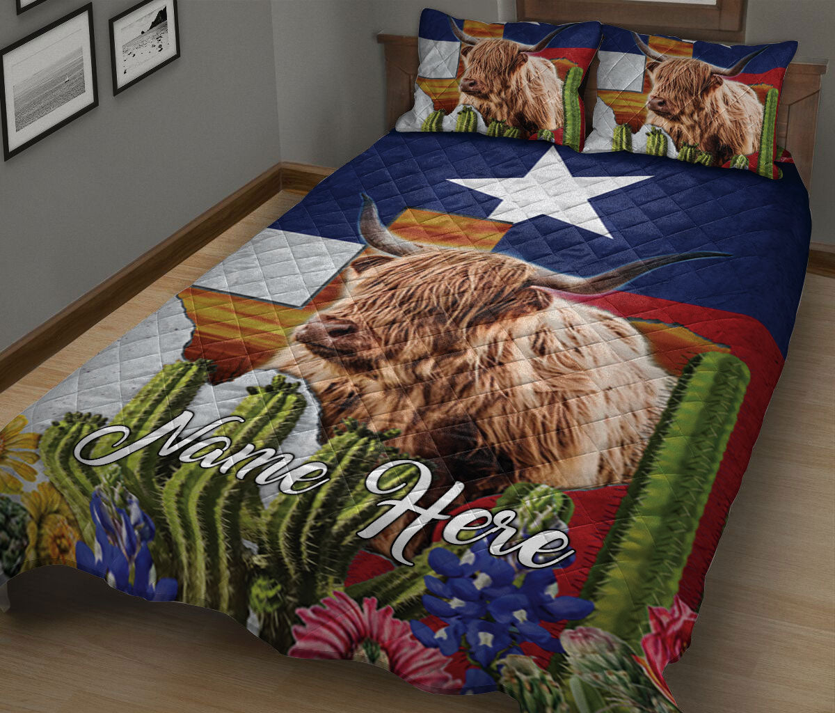 Ohaprints-Quilt-Bed-Set-Pillowcase-Texas-Flag-Longhorn-Country-Wild-West-Western-Texas-Custom-Personalized-Name-Blanket-Bedspread-Bedding-2709-King (90'' x 100'')