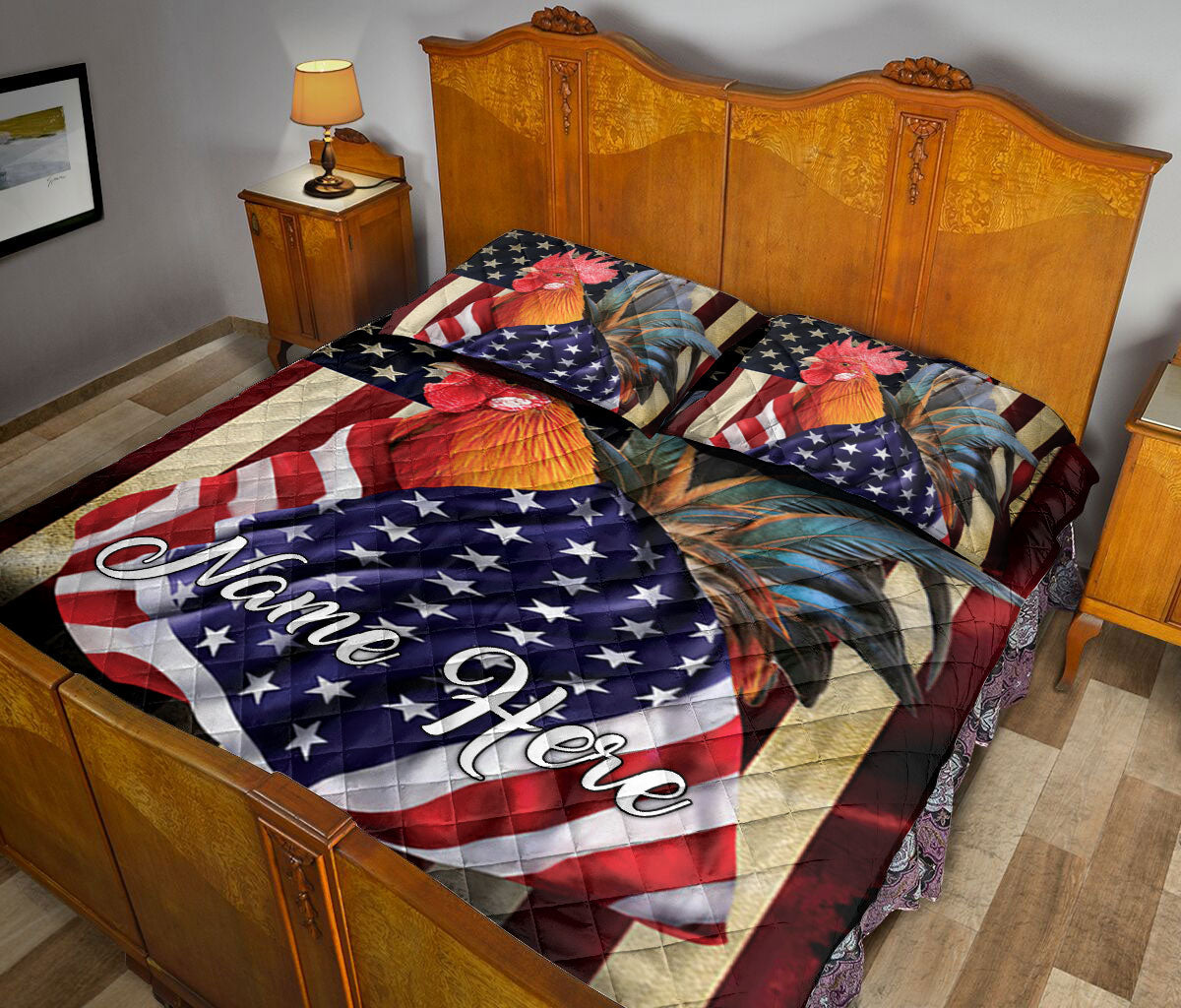 Ohaprints-Quilt-Bed-Set-Pillowcase-Chicken-Rooster-Flag-American-Patriotic-4Th-Of-July-Custom-Personalized-Name-Blanket-Bedspread-Bedding-950-Queen (80'' x 90'')