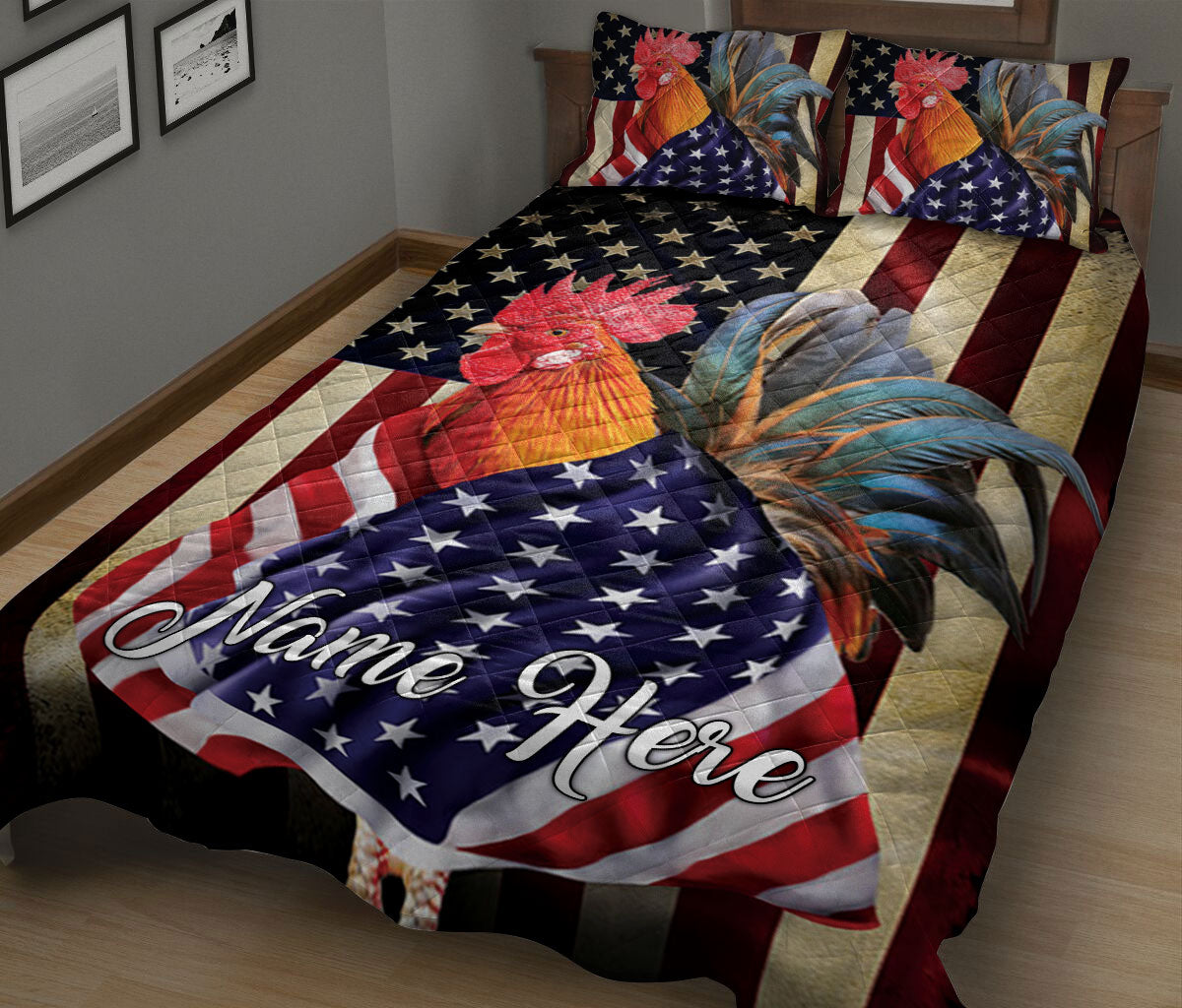 Ohaprints-Quilt-Bed-Set-Pillowcase-Chicken-Rooster-Flag-American-Patriotic-4Th-Of-July-Custom-Personalized-Name-Blanket-Bedspread-Bedding-950-King (90'' x 100'')