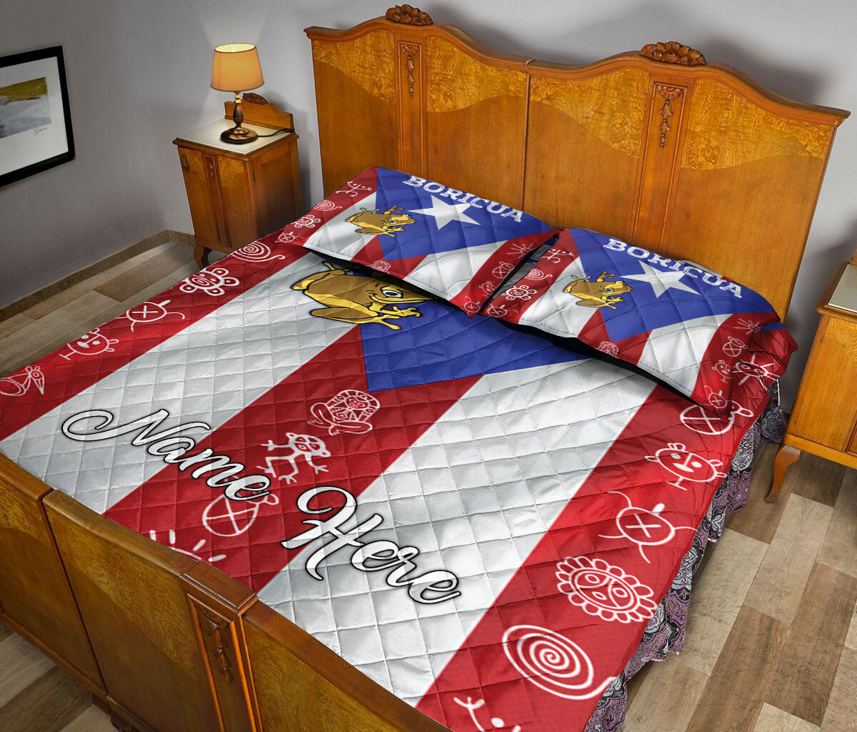 Ohaprints-Quilt-Bed-Set-Pillowcase-Puerto-Rico-Coqui-Frog-Taino-Symbol-Flag-Custom-Personalized-Name-Blanket-Bedspread-Bedding-951-Queen (80'' x 90'')