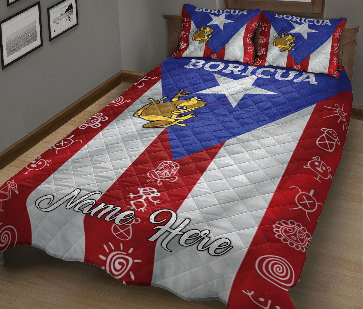 Ohaprints-Quilt-Bed-Set-Pillowcase-Puerto-Rico-Coqui-Frog-Taino-Symbol-Flag-Custom-Personalized-Name-Blanket-Bedspread-Bedding-951-King (90'' x 100'')