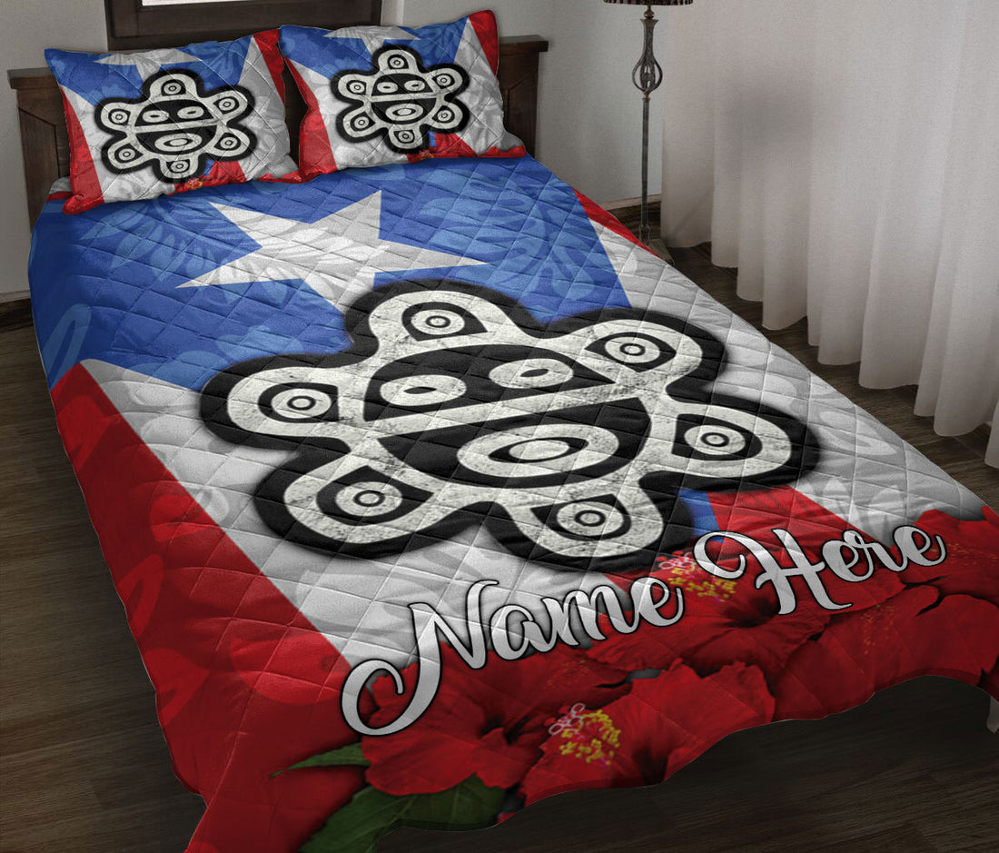 Ohaprints-Quilt-Bed-Set-Pillowcase-Sol-Taino-Puerto-Rico-Flag-Puerto-Rican-Flower-Custom-Personalized-Name-Blanket-Bedspread-Bedding-2711-Throw (55'' x 60'')