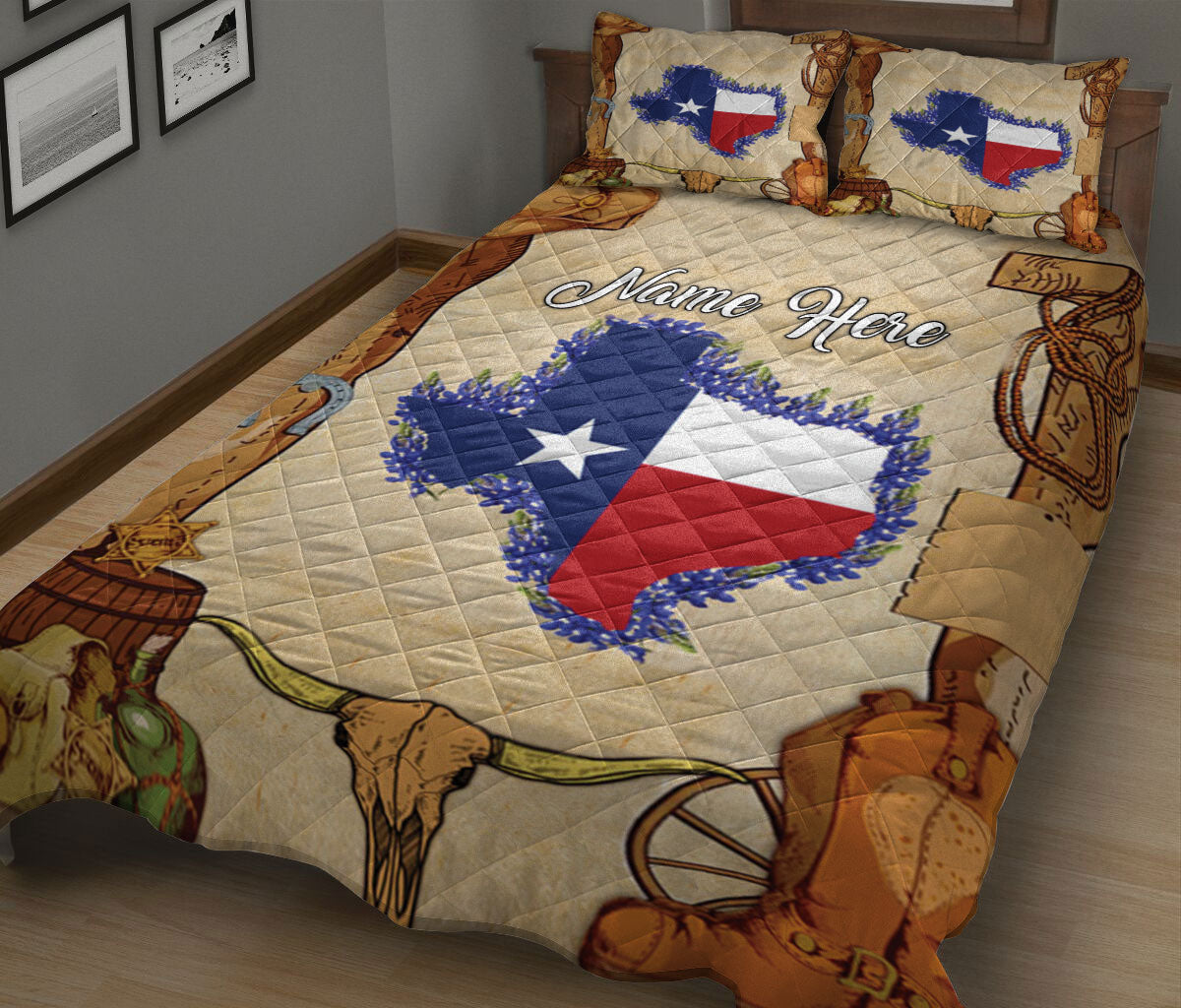 Ohaprints-Quilt-Bed-Set-Pillowcase-Texas-Skull-Longhorn-Horseshoe-Cowboy-Boots-Hat-Custom-Personalized-Name-Blanket-Bedspread-Bedding-360-King (90'' x 100'')