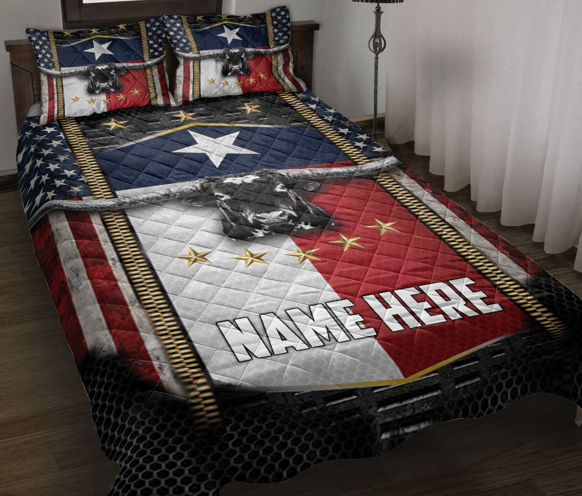 Ohaprints-Quilt-Bed-Set-Pillowcase-Texas-Flag-Longhorn-American-Wild-West-Western-Texas-Custom-Personalized-Name-Blanket-Bedspread-Bedding-2118-Throw (55'' x 60'')