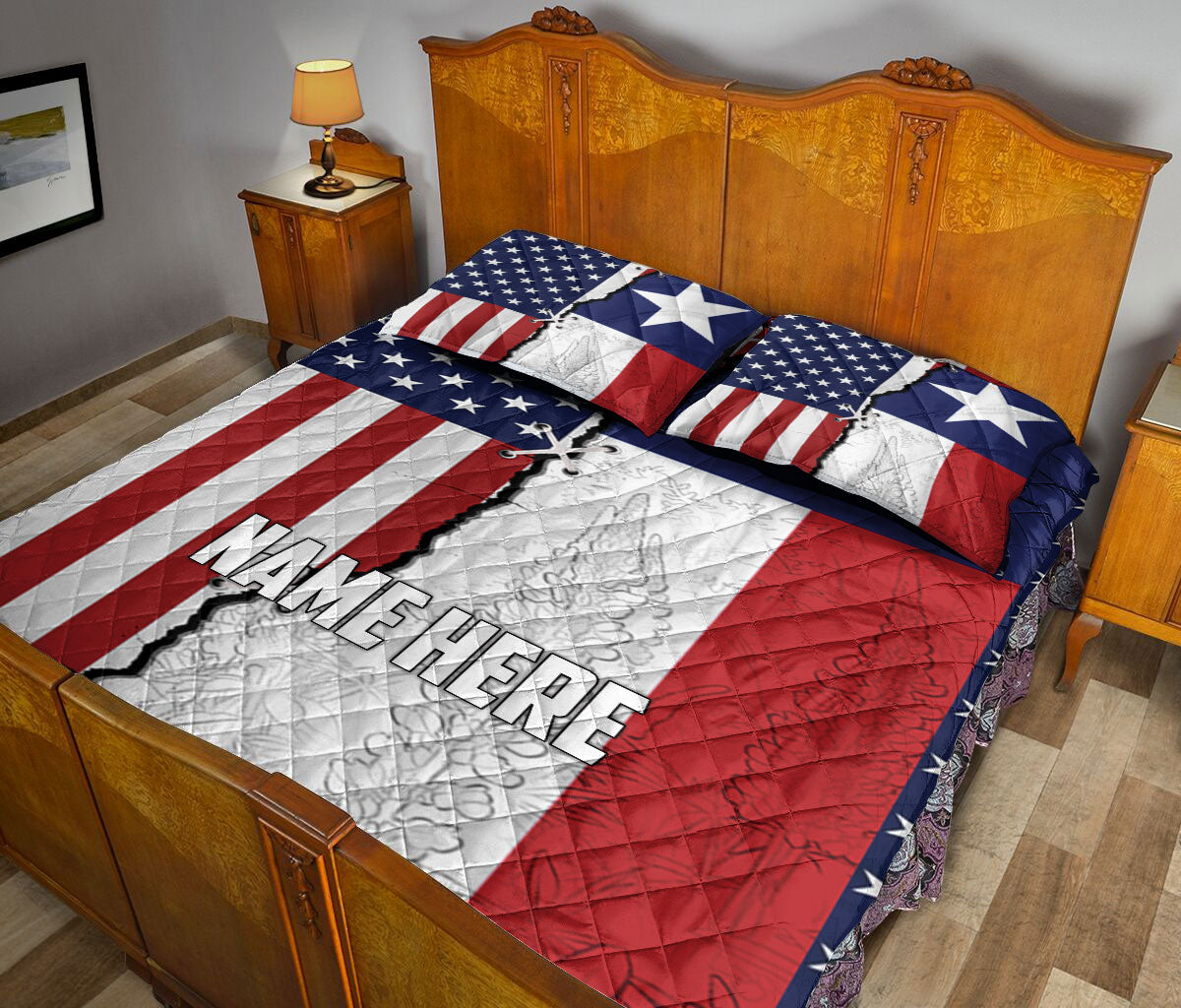 Ohaprints-Quilt-Bed-Set-Pillowcase-Texas-And-American-Flag-Wild-West-Western-Texas-Custom-Personalized-Name-Blanket-Bedspread-Bedding-2712-Queen (80'' x 90'')