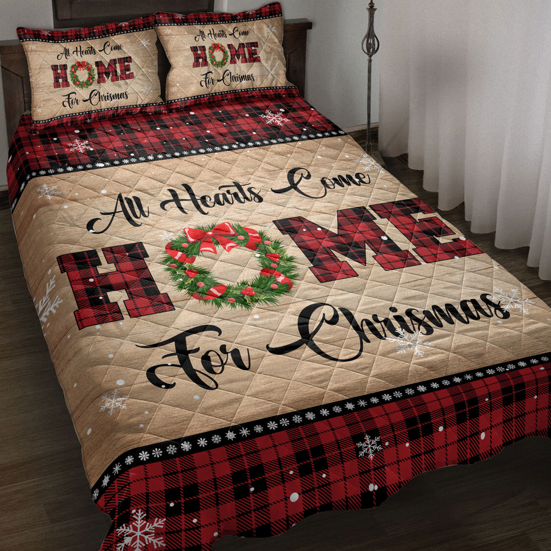 Ohaprints-Quilt-Bed-Set-Pillowcase-All-Hearts-Come-Home-For-Christmas-Snowflake-Red-Buffalo-Plaid-Gift-Blanket-Bedspread-Bedding-3797-Throw (55'' x 60'')