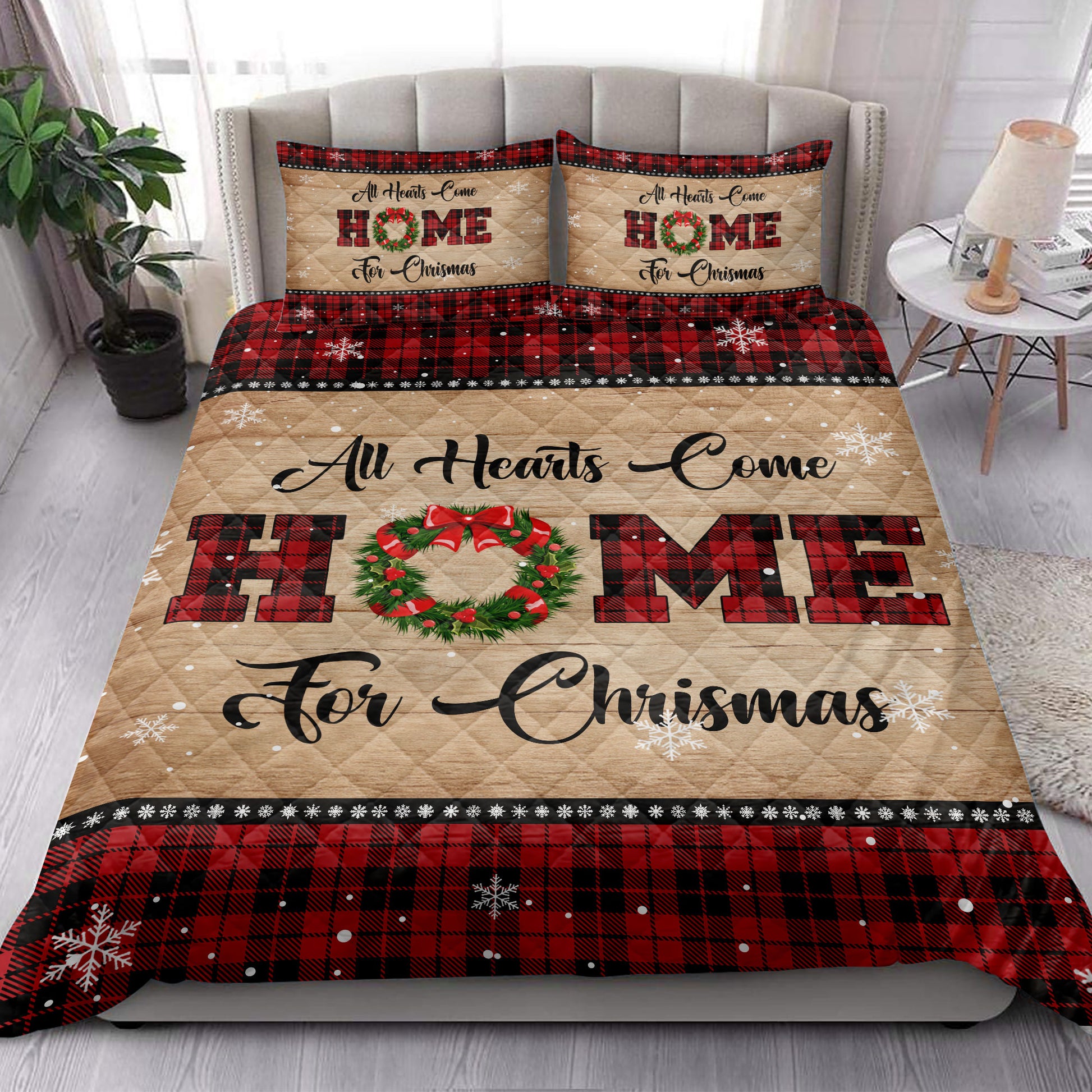 Ohaprints-Quilt-Bed-Set-Pillowcase-All-Hearts-Come-Home-For-Christmas-Snowflake-Red-Buffalo-Plaid-Gift-Blanket-Bedspread-Bedding-3797-King (90'' x 100'')