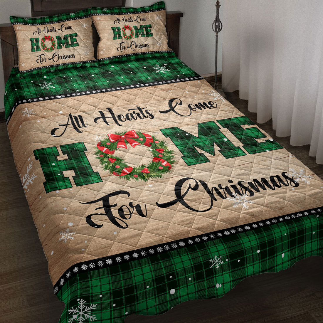 Ohaprints-Quilt-Bed-Set-Pillowcase-All-Hearts-Come-Home-For-Christmas-Snowflake-Green-Buffalo-Plaid-Blanket-Bedspread-Bedding-3798-Throw (55'' x 60'')