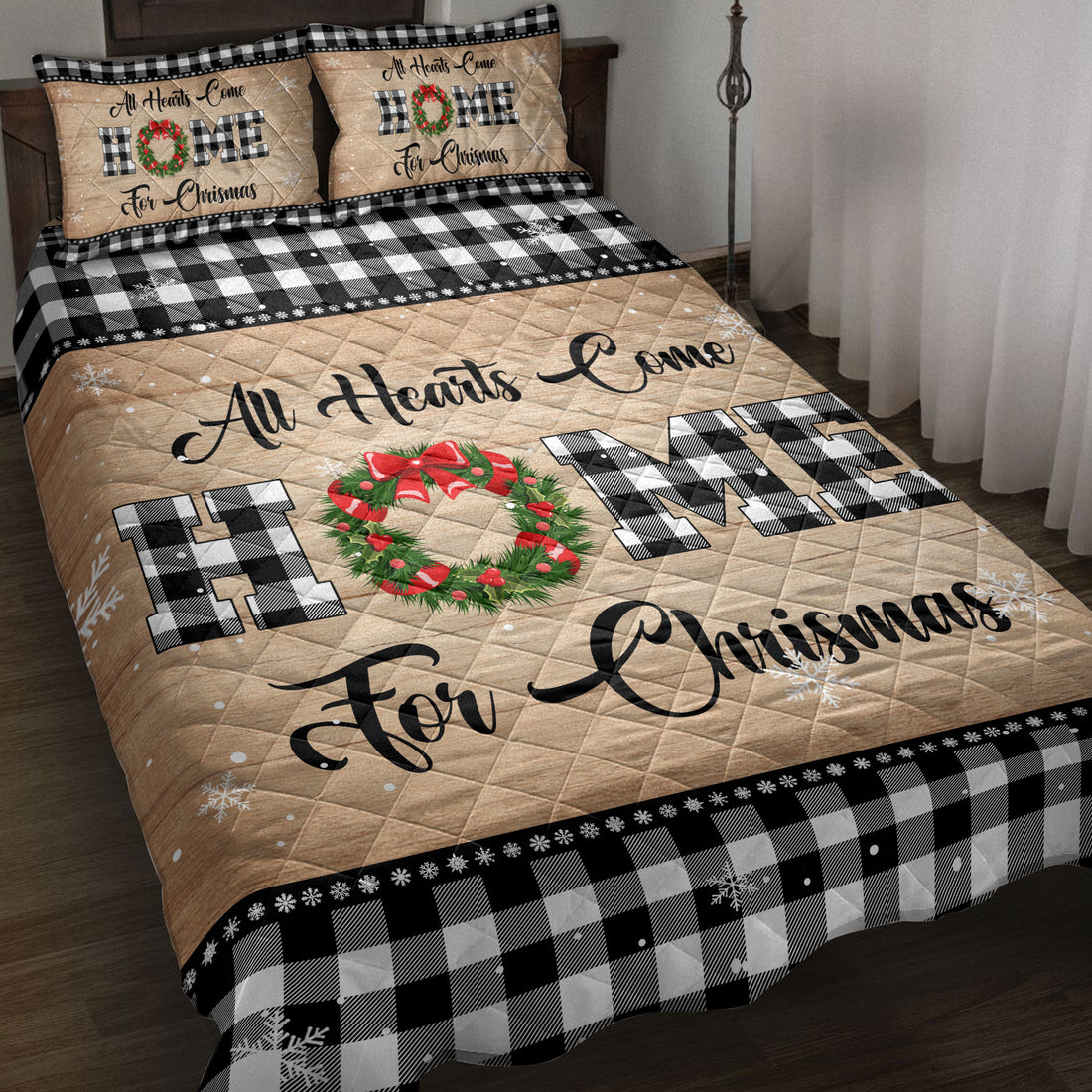 Ohaprints-Quilt-Bed-Set-Pillowcase-All-Hearts-Come-Home-For-Christmas-Wreath-Snowflake-Buffalo-Plaid-Blanket-Bedspread-Bedding-3799-Throw (55'' x 60'')