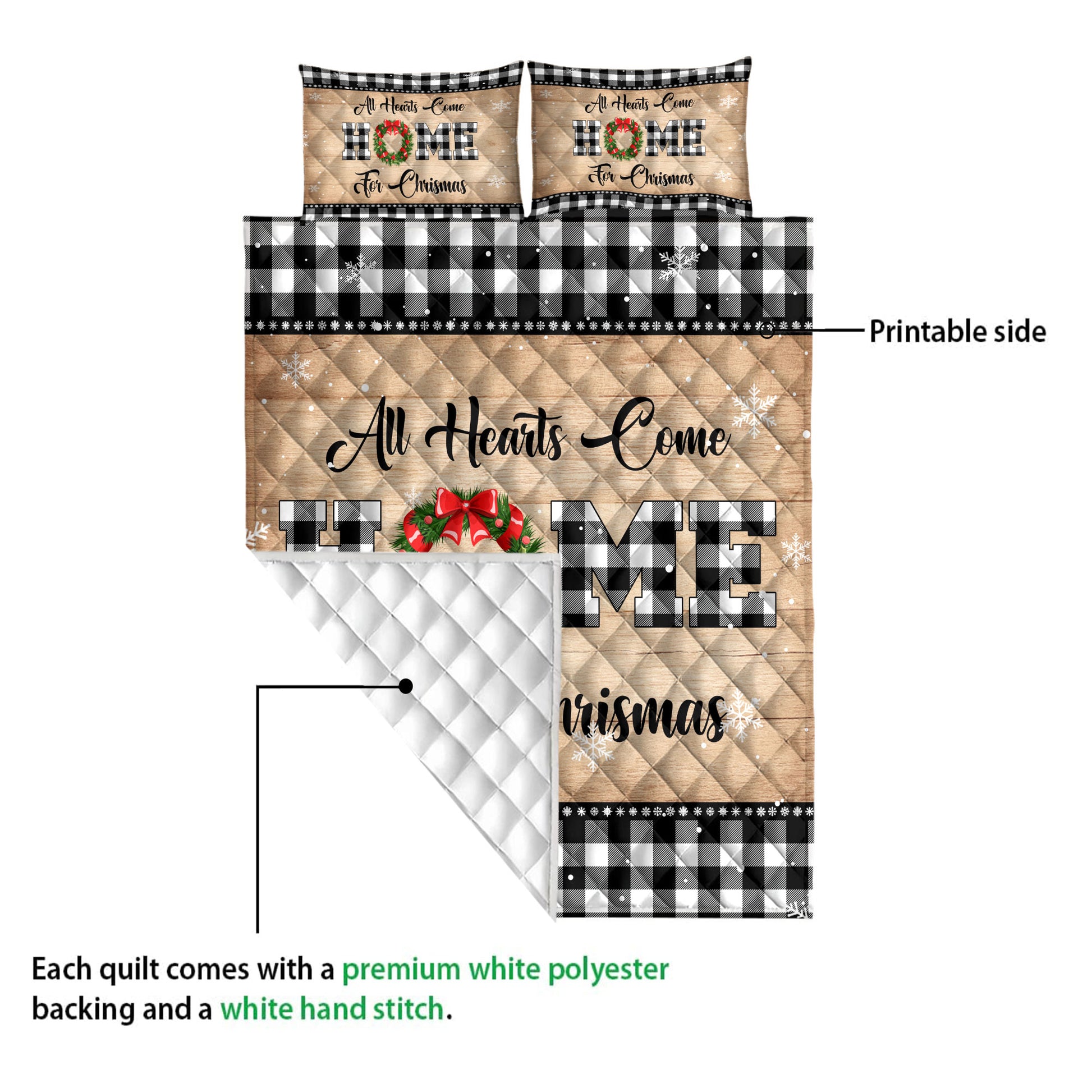 Ohaprints-Quilt-Bed-Set-Pillowcase-All-Hearts-Come-Home-For-Christmas-Wreath-Snowflake-Buffalo-Plaid-Blanket-Bedspread-Bedding-3799-Queen (80'' x 90'')