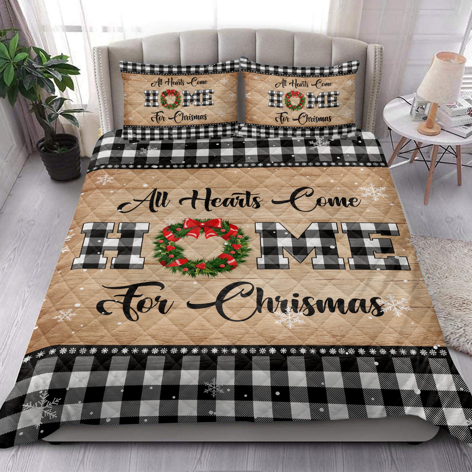 Ohaprints-Quilt-Bed-Set-Pillowcase-All-Hearts-Come-Home-For-Christmas-Wreath-Snowflake-Buffalo-Plaid-Blanket-Bedspread-Bedding-3799-King (90'' x 100'')