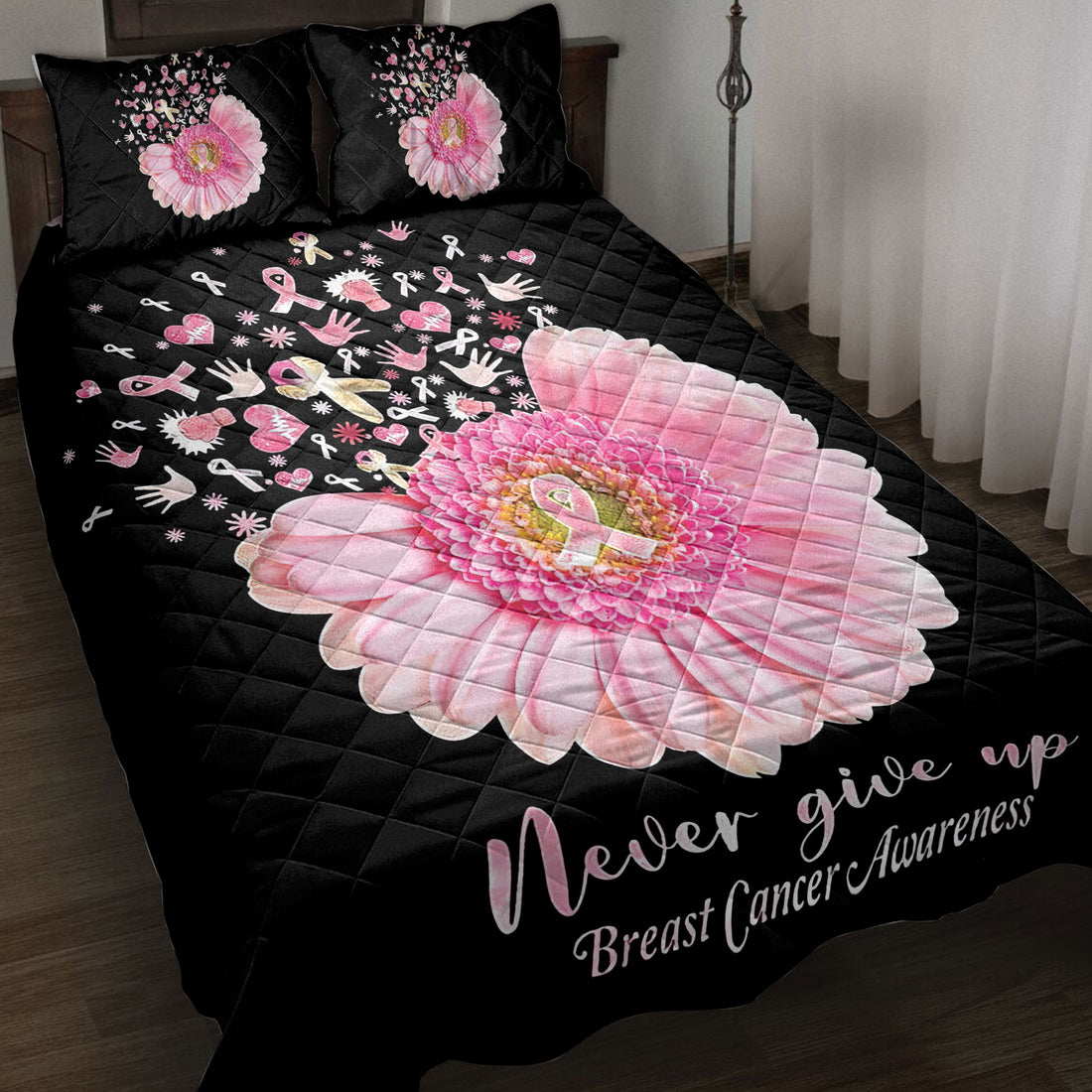 Ohaprints-Quilt-Bed-Set-Pillowcase-Breast-Cancer-Awareness-Never-Give-Up-Blanket-Bedspread-Bedding-3838-Throw (55'' x 60'')