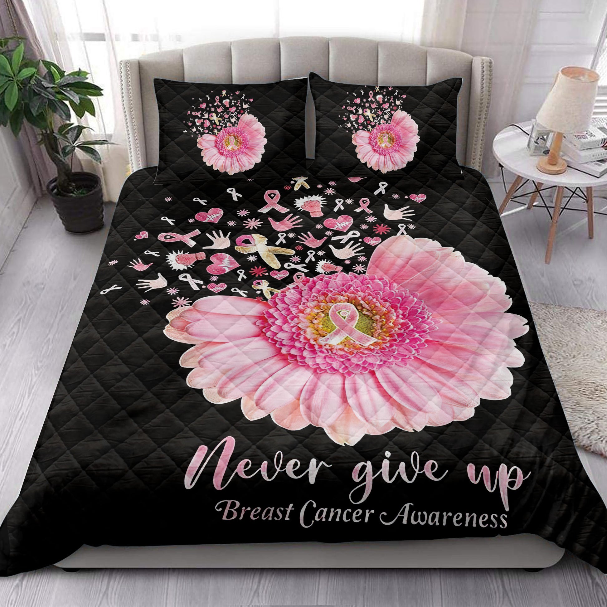 Ohaprints-Quilt-Bed-Set-Pillowcase-Breast-Cancer-Awareness-Never-Give-Up-Blanket-Bedspread-Bedding-3838-King (90'' x 100'')