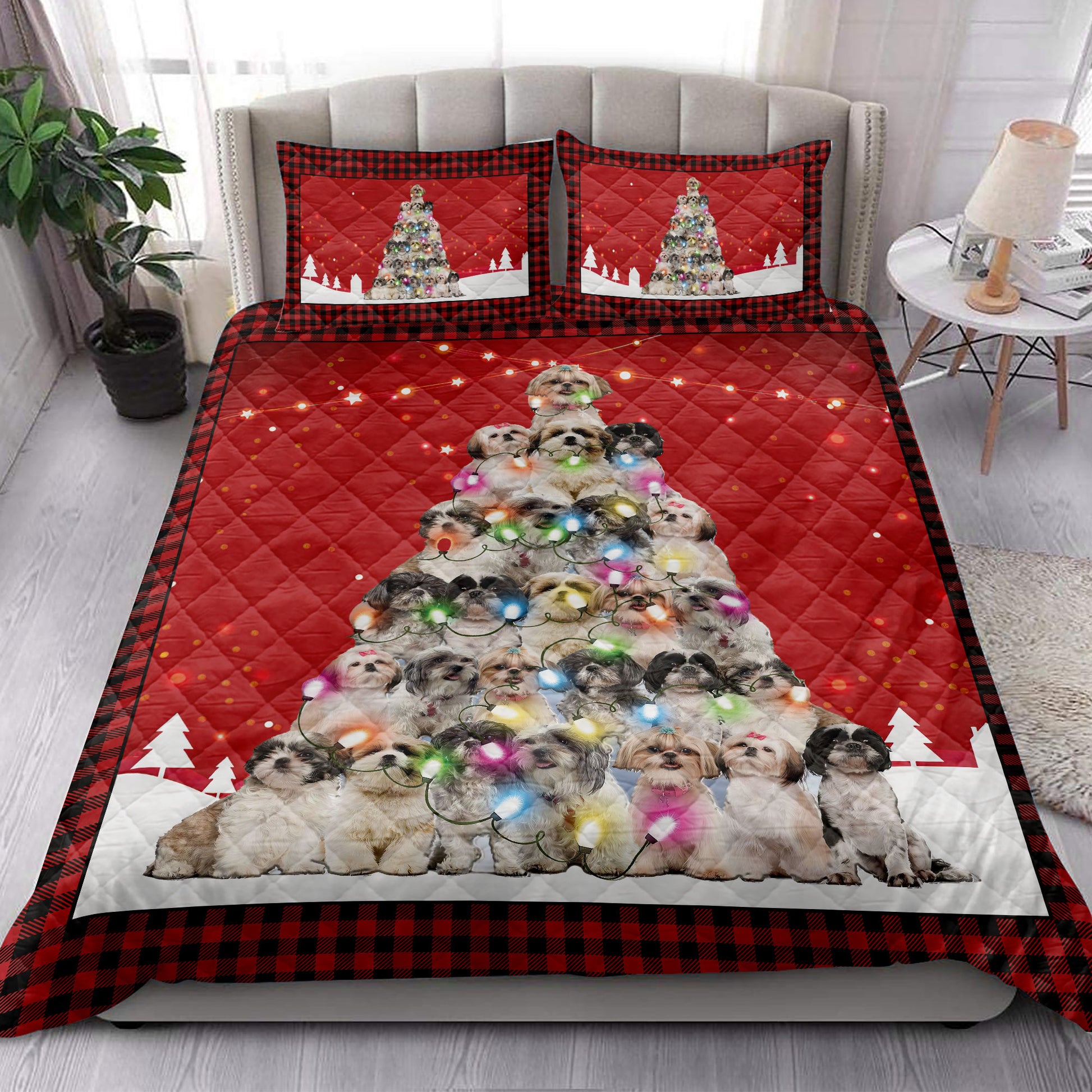 Ohaprints-Quilt-Bed-Set-Pillowcase-Shih-Tzu-Christmas-Noel-Xmas-Tree-Dog-Lover-Blanket-Bedspread-Bedding-3823-King (90'' x 100'')