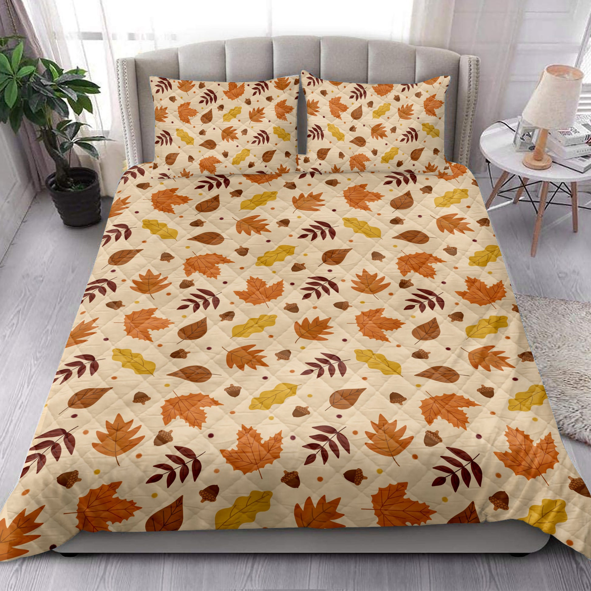 Ohaprints-Quilt-Bed-Set-Pillowcase-Happy-Thanksgiving-Acorn-Peach-Beige-Blanket-Bedspread-Bedding-3850-King (90'' x 100'')