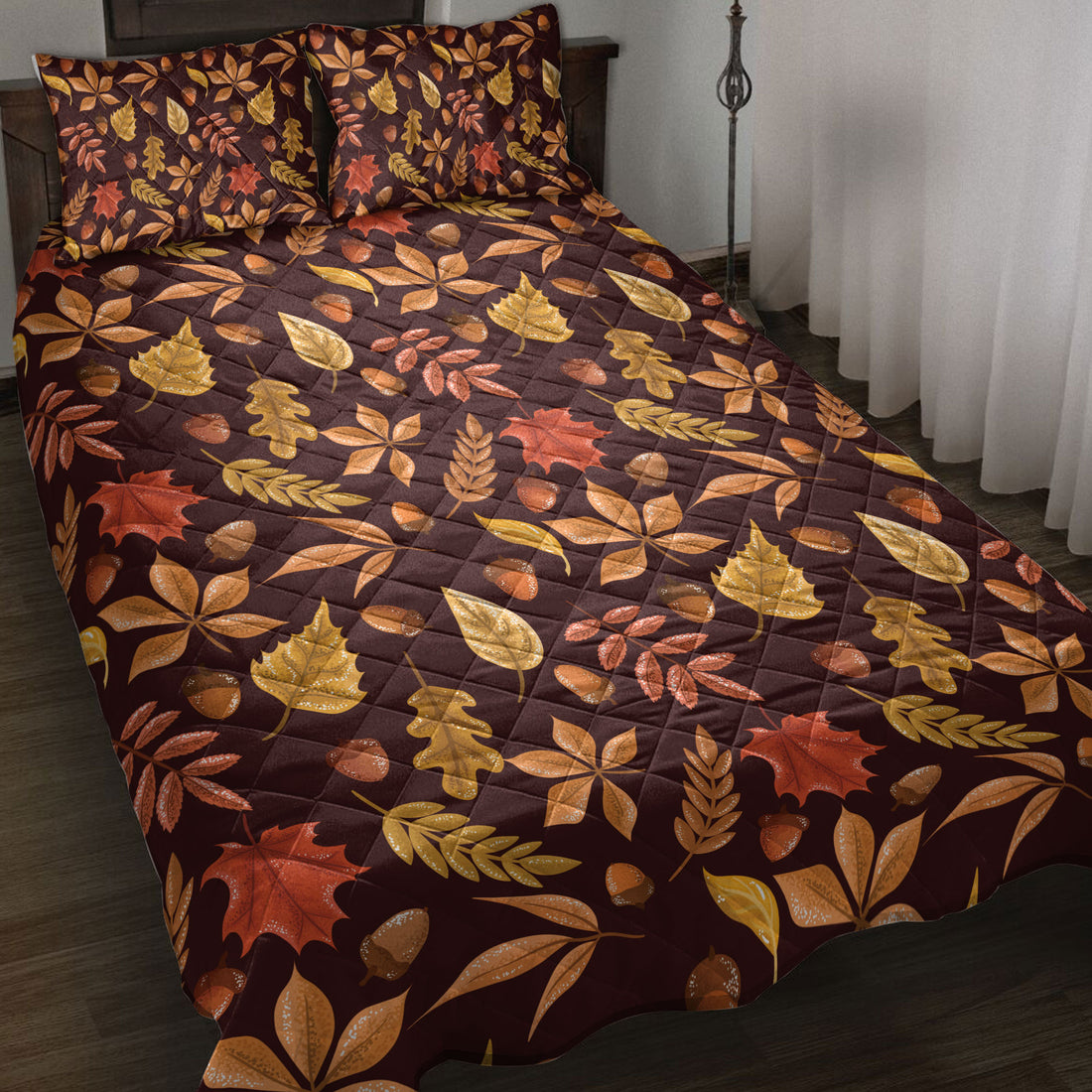 Ohaprints-Quilt-Bed-Set-Pillowcase-Happy-Thanksgiving-Autumn-Leaves-Acorns-Blanket-Bedspread-Bedding-3851-Throw (55'' x 60'')