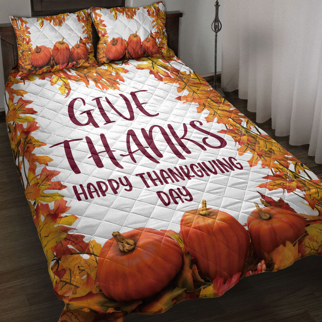 Ohaprints-Quilt-Bed-Set-Pillowcase-Happy-Thanksgiving-Day-Pumpkin-Give-Thanks-Blanket-Bedspread-Bedding-3855-Throw (55'' x 60'')