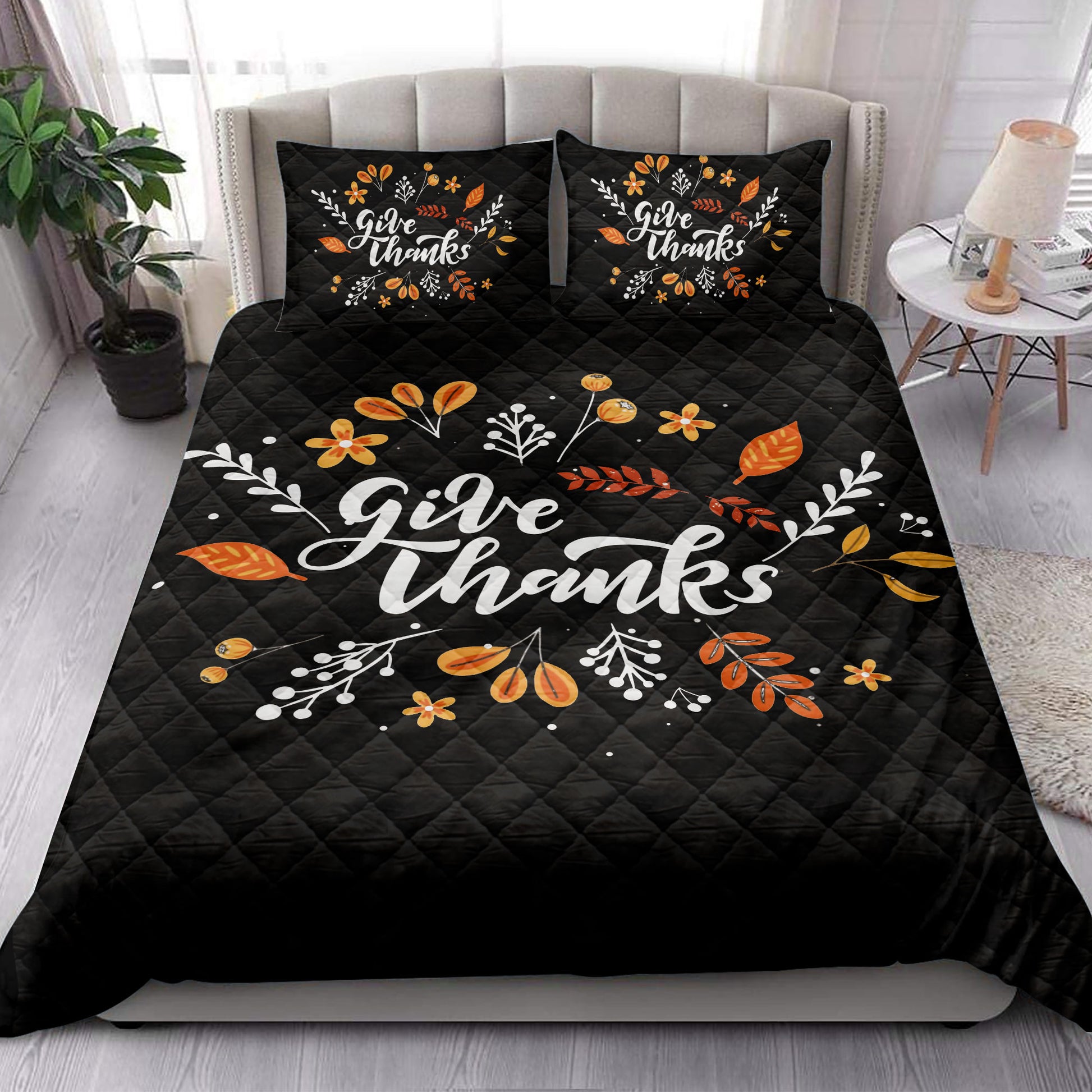 Ohaprints-Quilt-Bed-Set-Pillowcase-Happy-Thanksgiving-Give-Thanks-Fall-Leaves-Pattern-Blanket-Bedspread-Bedding-3859-King (90'' x 100'')