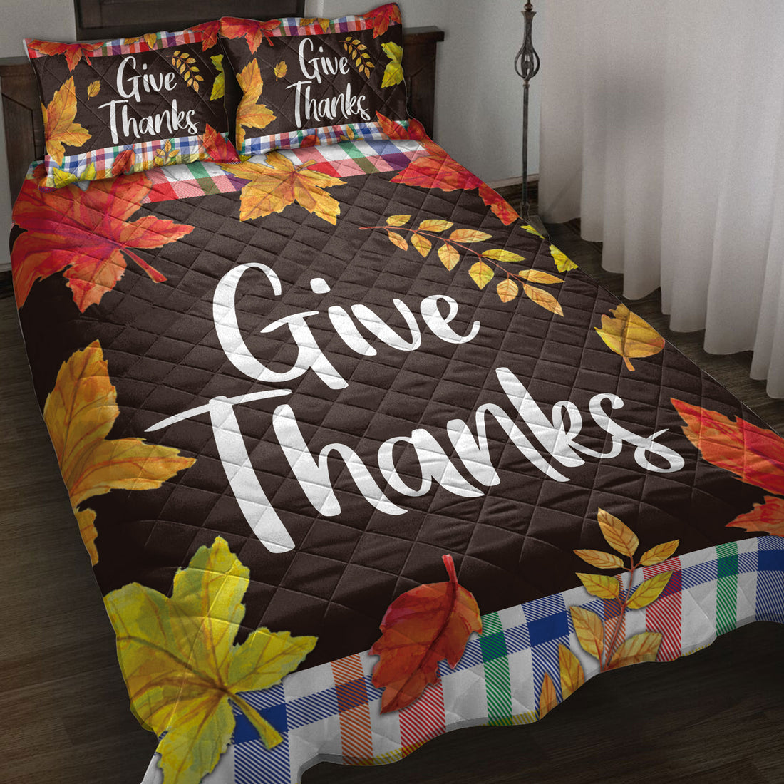 Ohaprints-Quilt-Bed-Set-Pillowcase-Happy-Thanksgiving-Give-Thanks-Autumn-Leaves-Blanket-Bedspread-Bedding-3861-Throw (55'' x 60'')