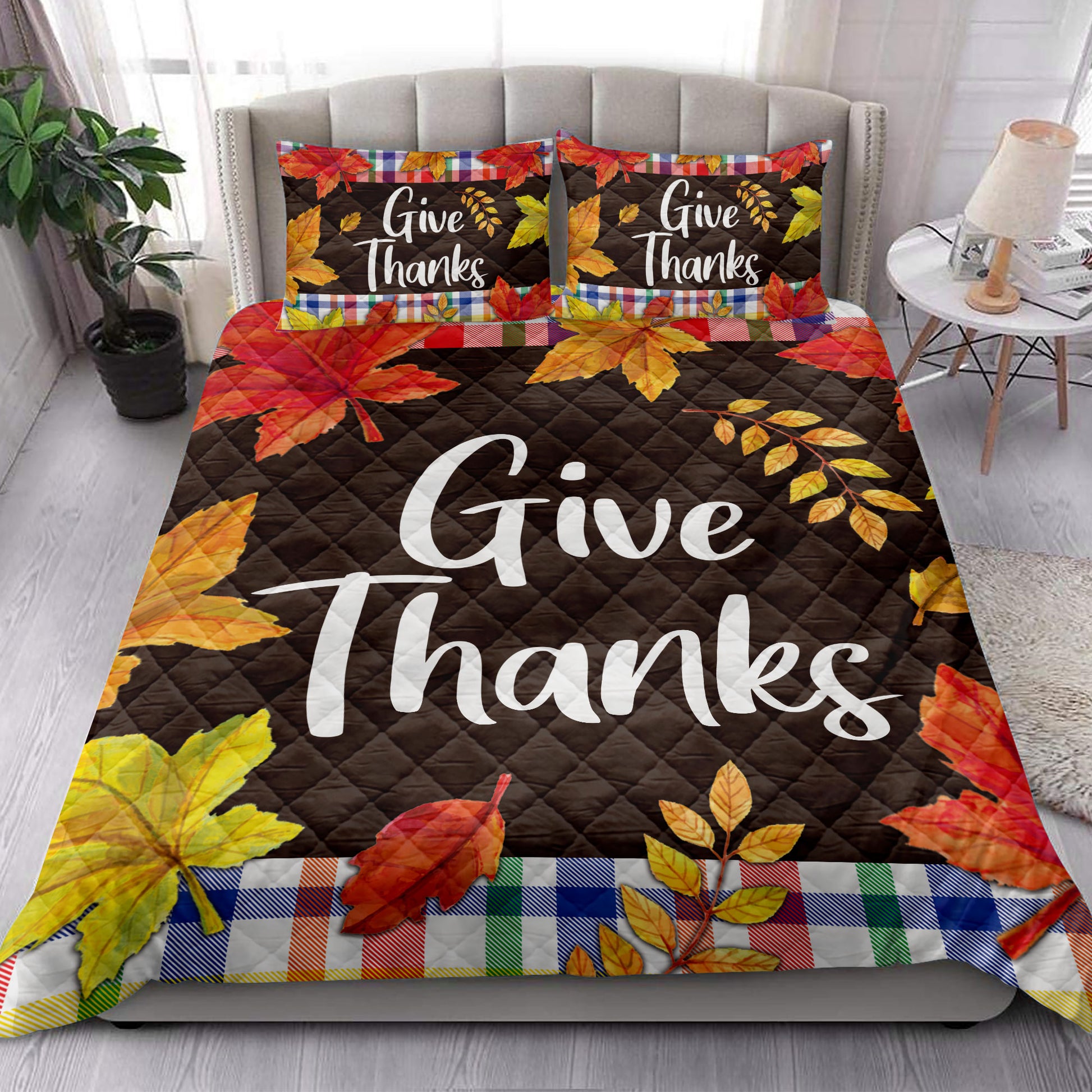 Ohaprints-Quilt-Bed-Set-Pillowcase-Happy-Thanksgiving-Give-Thanks-Autumn-Leaves-Blanket-Bedspread-Bedding-3861-King (90'' x 100'')