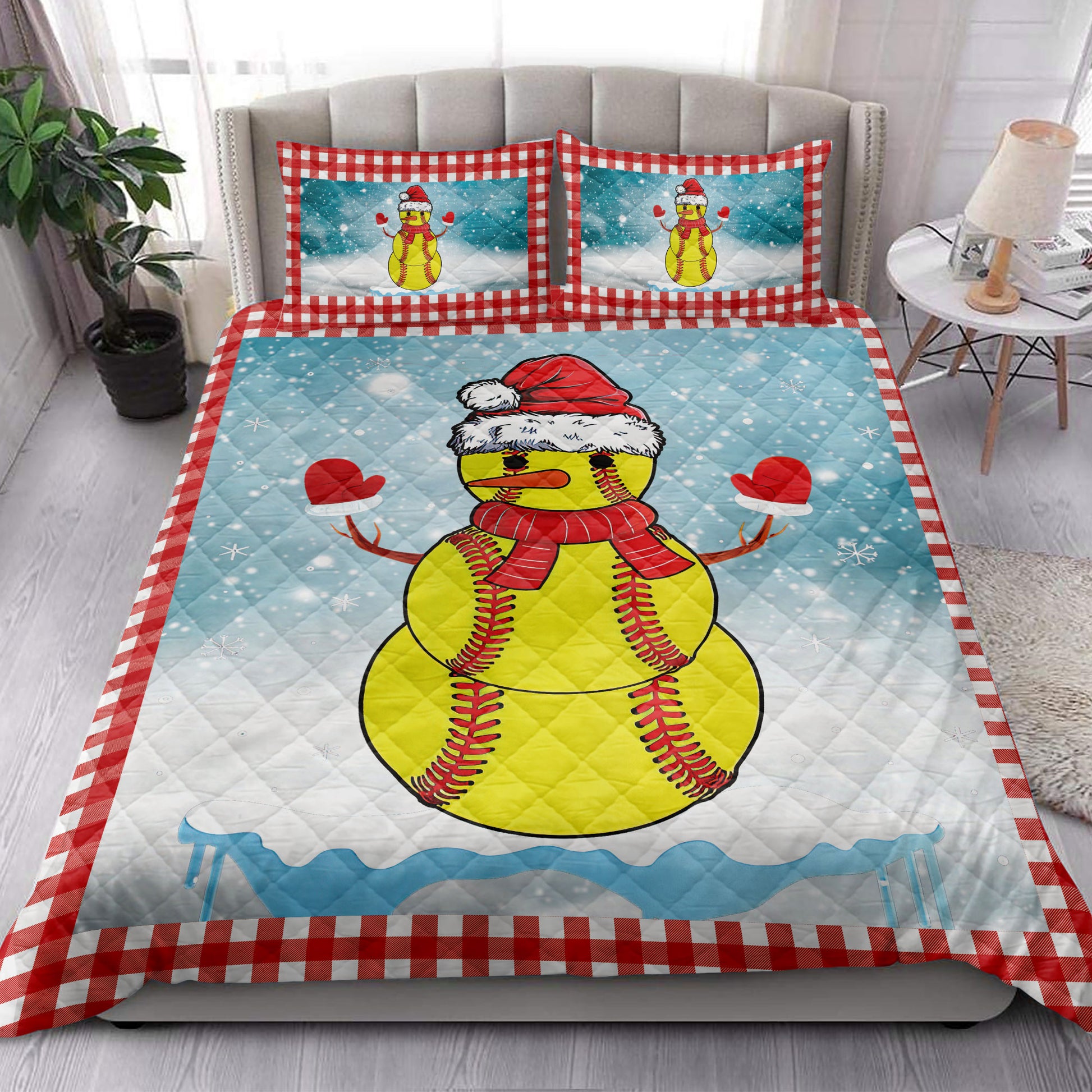 Ohaprints-Quilt-Bed-Set-Pillowcase-Funny-Christmas-Softball-Balls-Santa-Snowman-Blanket-Bedspread-Bedding-3884-King (90'' x 100'')