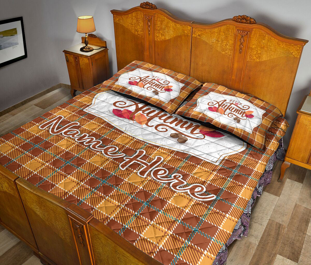 Ohaprints-Quilt-Bed-Set-Pillowcase-Hello-Autumn-Pumpkin-Tartan-Custom-Personalized-Name-Blanket-Bedspread-Bedding-3284-King (90'' x 100'')