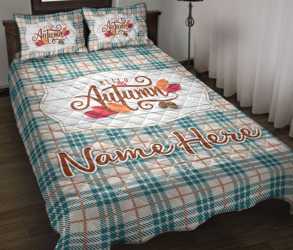 Ohaprints-Quilt-Bed-Set-Pillowcase-Hello-Autumn-Orange-And-Teal-Tartan-Custom-Personalized-Name-Blanket-Bedspread-Bedding-3285-Throw (55'' x 60'')