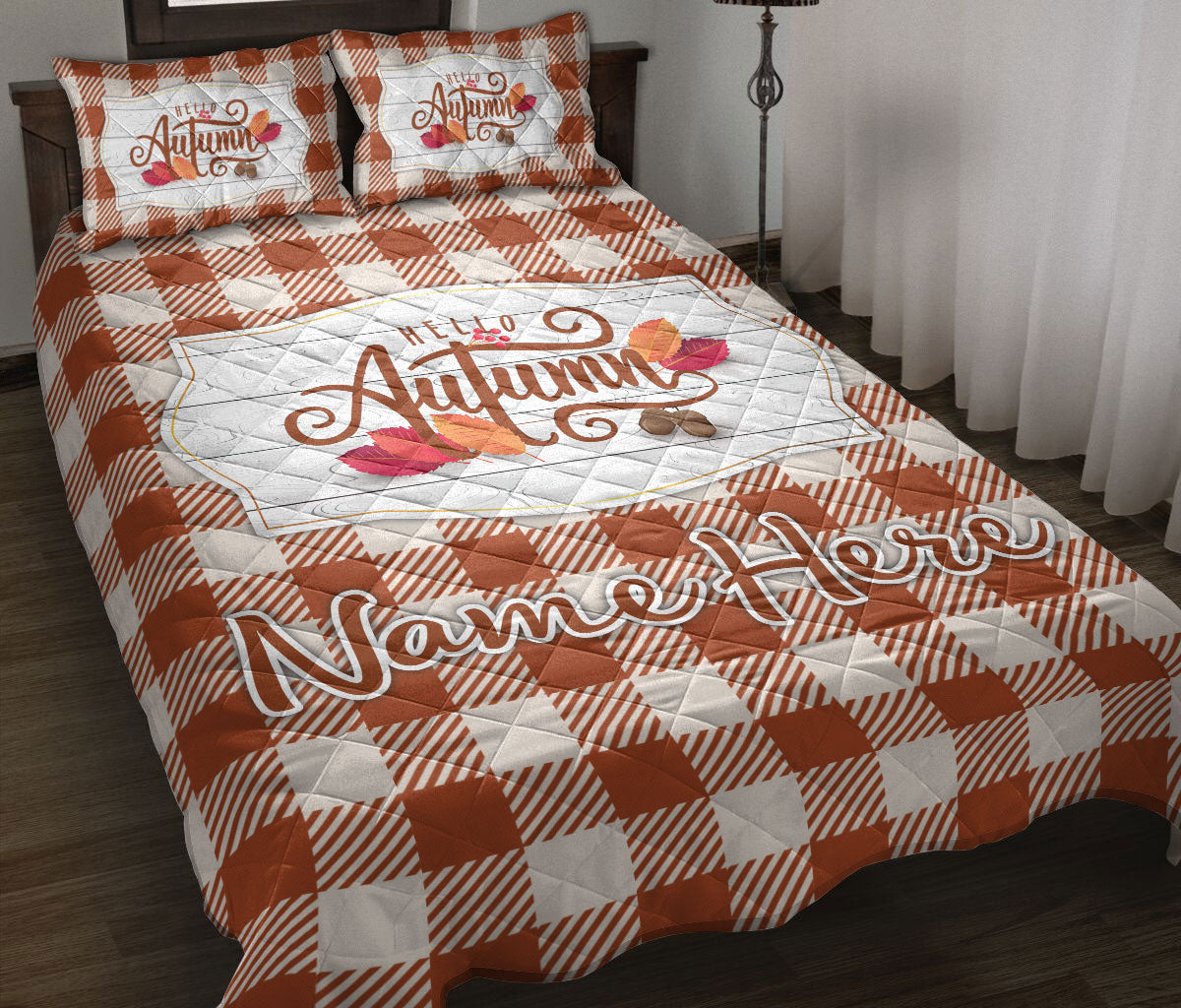 Ohaprints-Quilt-Bed-Set-Pillowcase-Hello-Autumn-Orange-Tartan-Custom-Personalized-Name-Blanket-Bedspread-Bedding-3286-Throw (55'' x 60'')