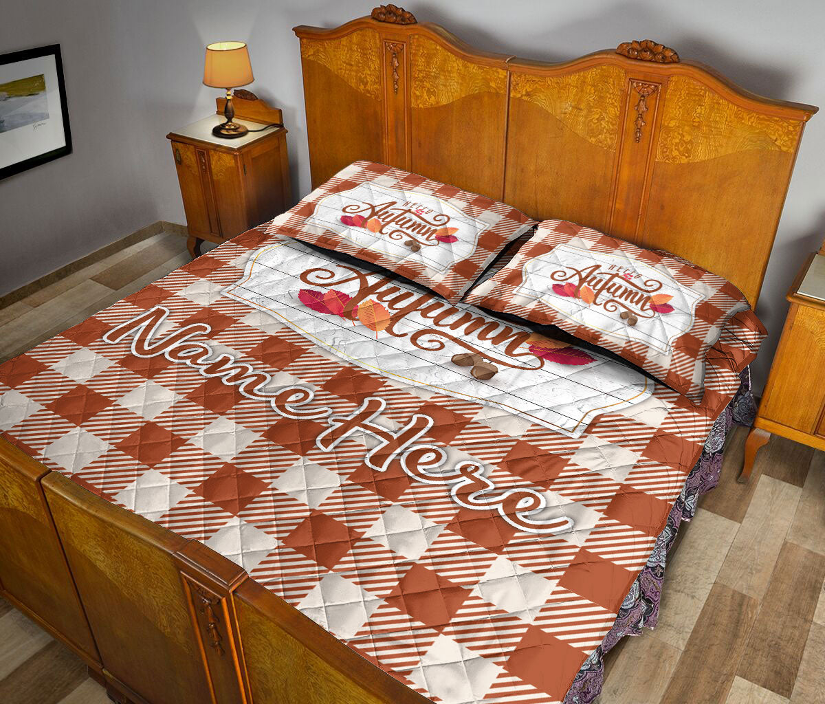 Ohaprints-Quilt-Bed-Set-Pillowcase-Hello-Autumn-Orange-Tartan-Custom-Personalized-Name-Blanket-Bedspread-Bedding-3286-King (90'' x 100'')