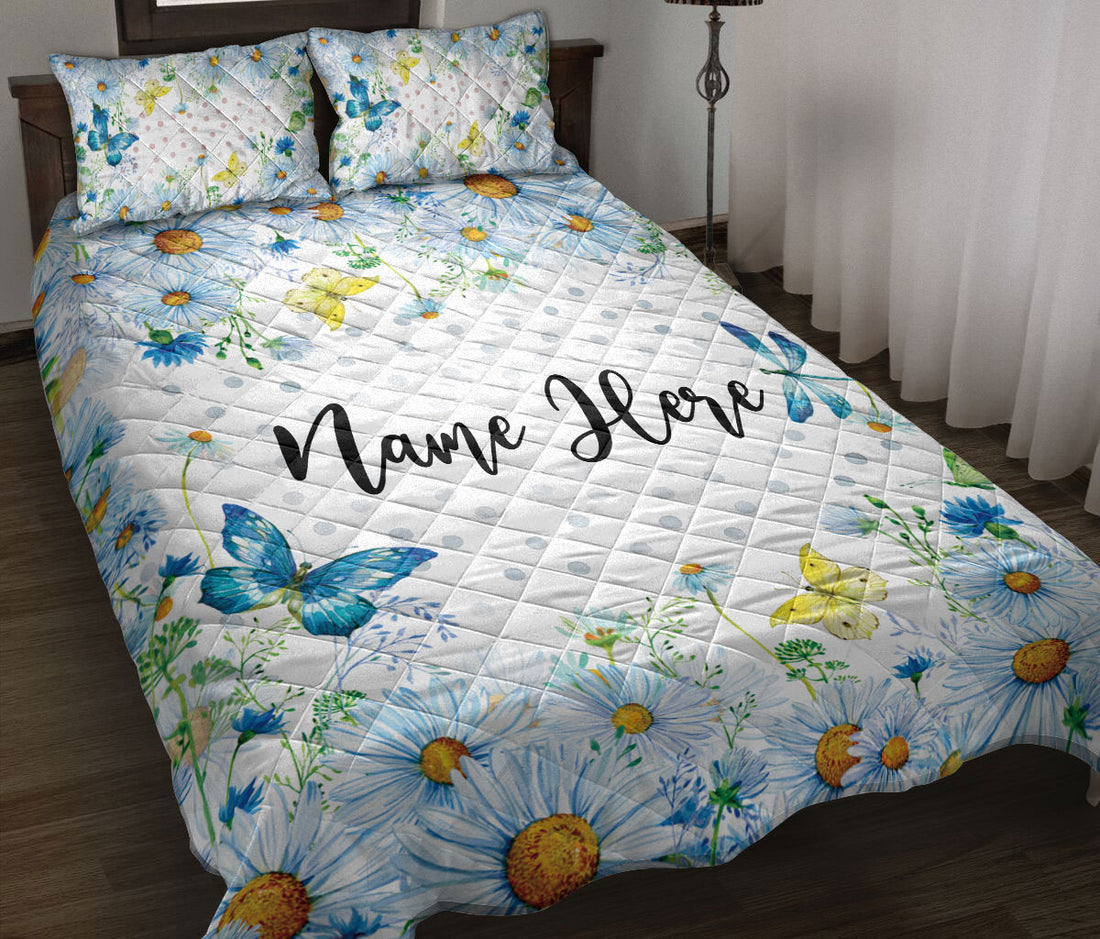 Ohaprints-Quilt-Bed-Set-Pillowcase-Blue-Daisy-Pattern-Custom-Personalized-Name-Number-Blanket-Bedspread-Bedding-2347-Throw (55'' x 60'')