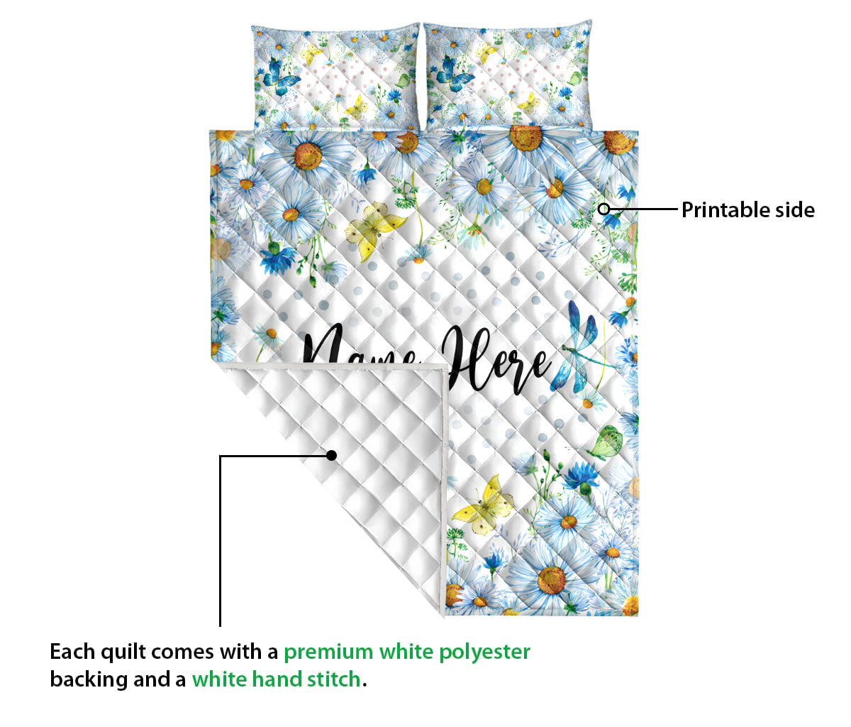 Ohaprints-Quilt-Bed-Set-Pillowcase-Blue-Daisy-Pattern-Custom-Personalized-Name-Number-Blanket-Bedspread-Bedding-2347-Queen (80'' x 90'')