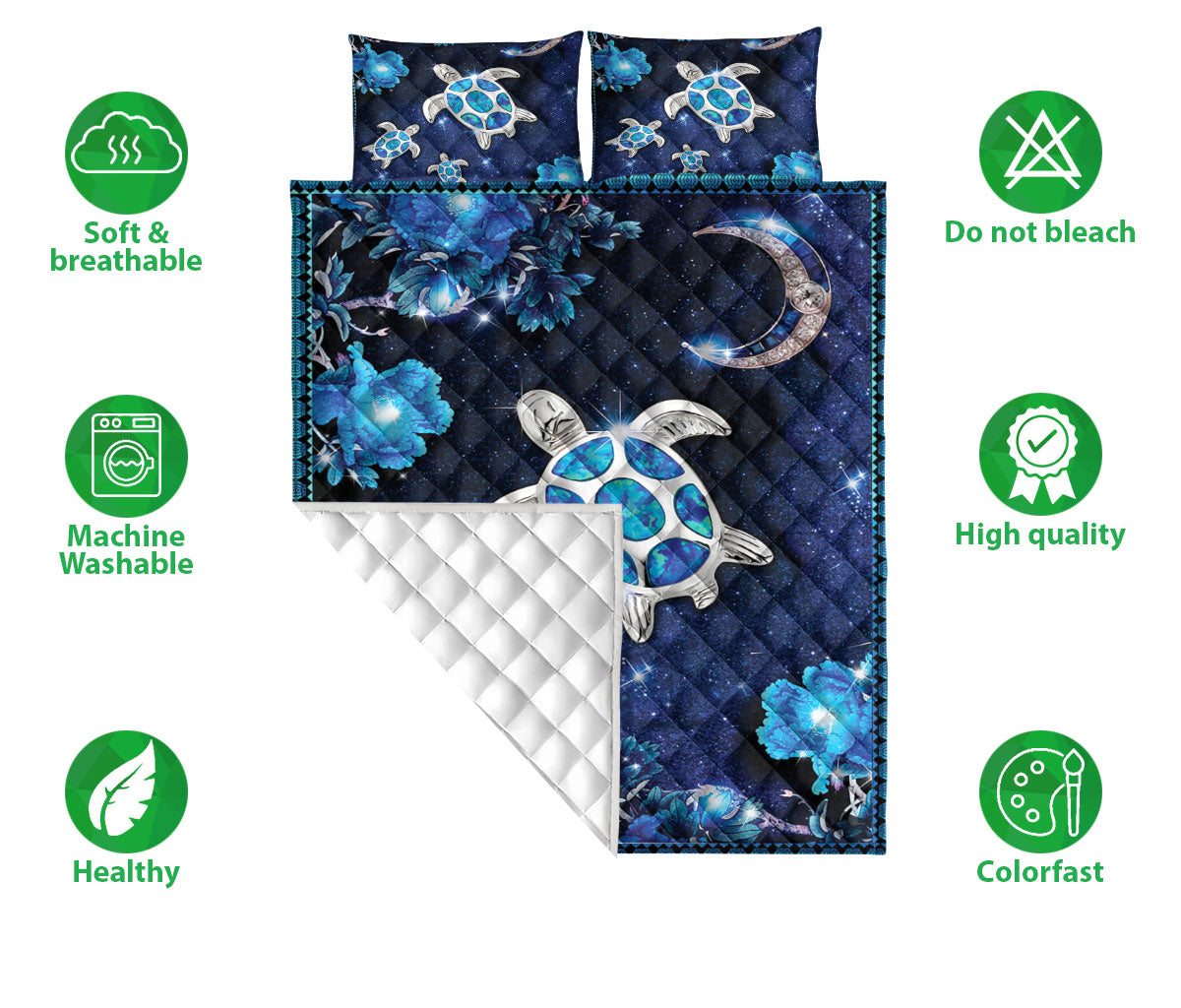 Ohaprints-Quilt-Bed-Set-Pillowcase-Turtle-On-The-Sky-Blue-Flower-And-Moon-Blanket-Bedspread-Bedding-1829-Double (70'' x 80'')