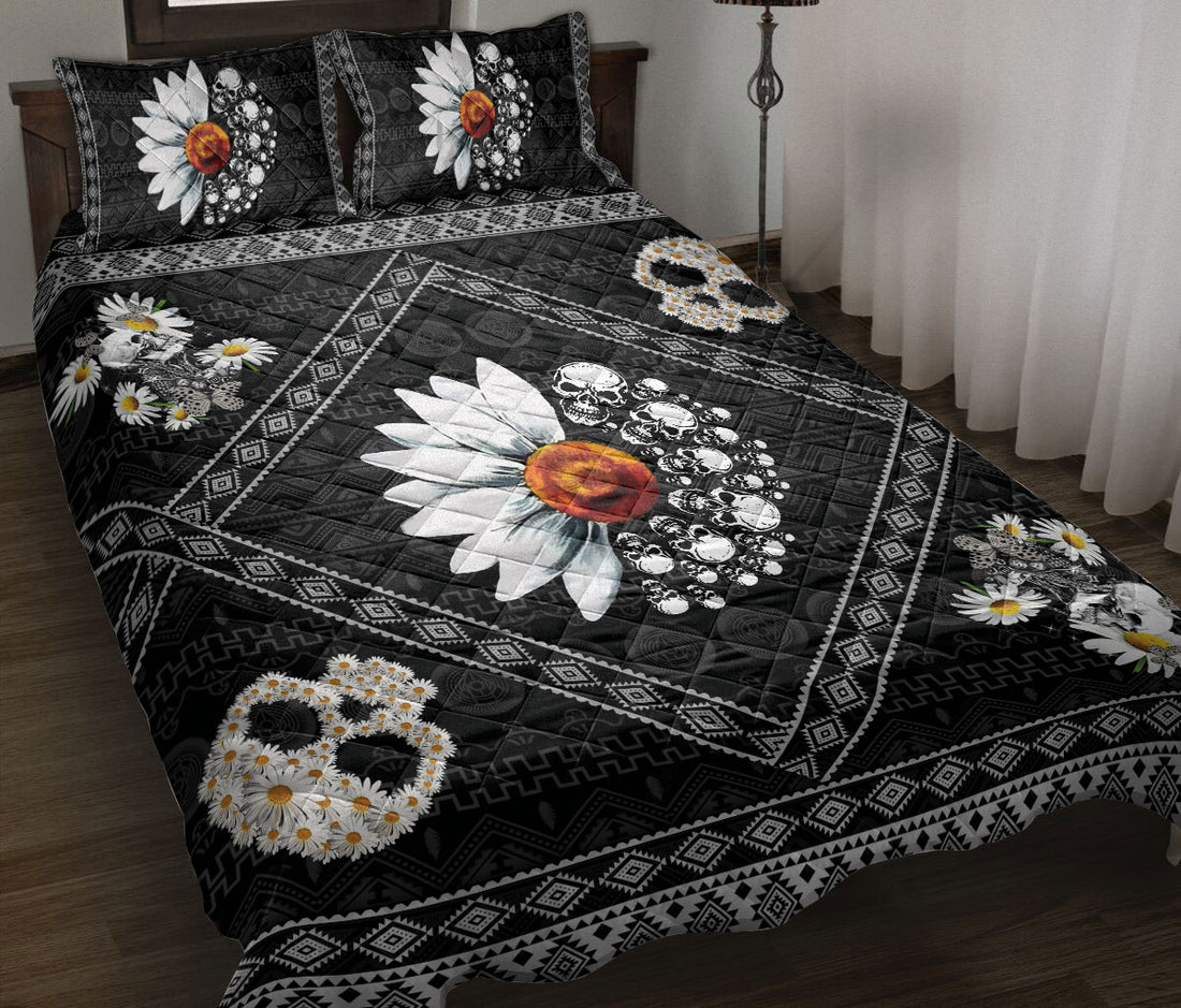 Ohaprints-Quilt-Bed-Set-Pillowcase-White-Daisy-Skull-Floral-Skull-Skeleton-Black-White-Blanket-Bedspread-Bedding-1208-Throw (55'' x 60'')