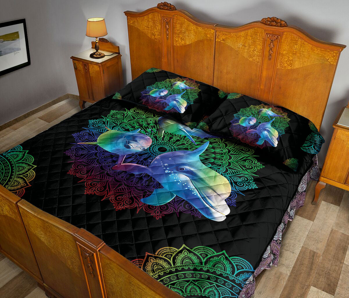 Ohaprints-Quilt-Bed-Set-Pillowcase-Rainbow-Dolphin-Mandala-Pattern-Sea-Animal-Lover-Blanket-Bedspread-Bedding-2431-Queen (80'' x 90'')