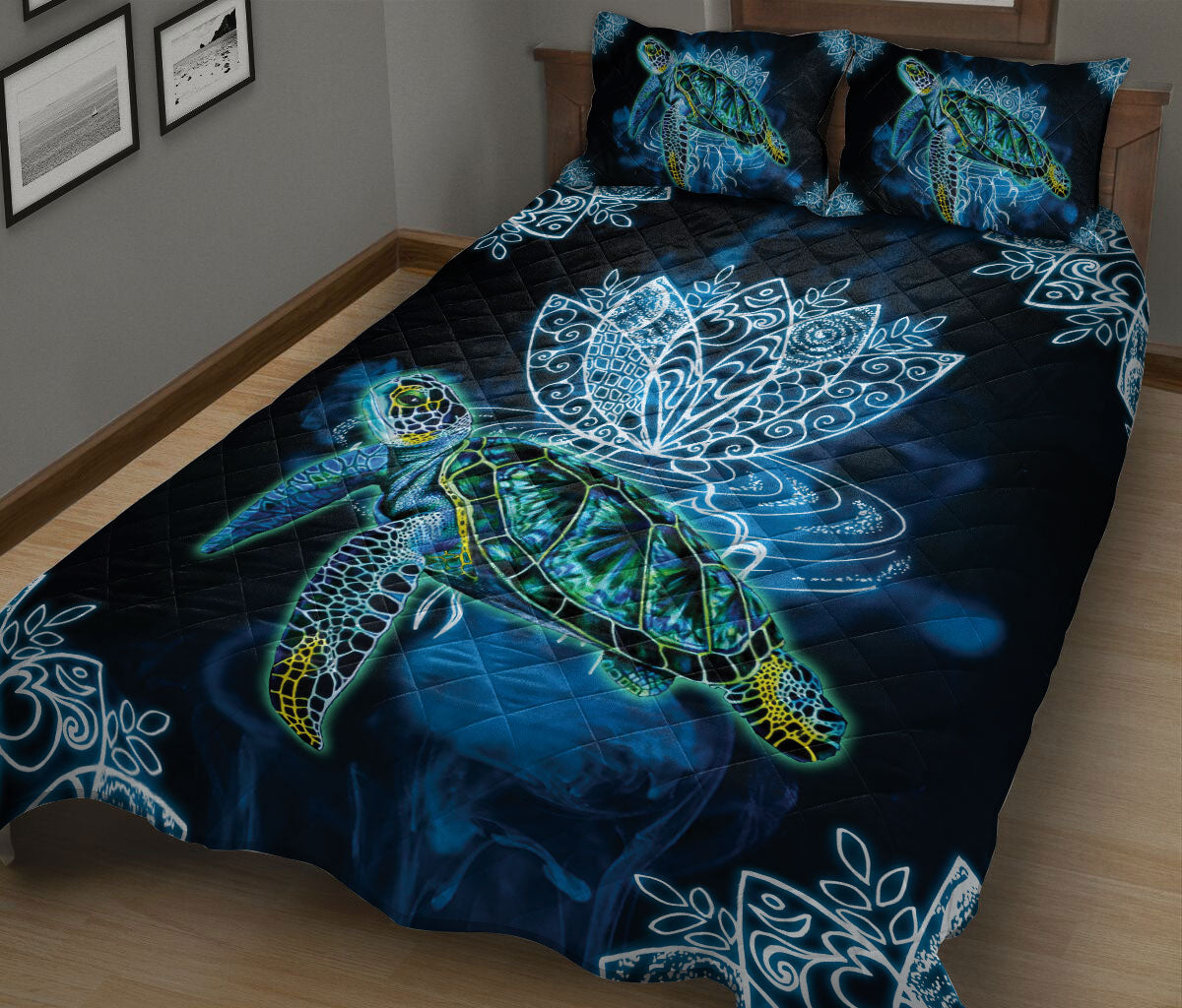 Ohaprints-Quilt-Bed-Set-Pillowcase-Sea-Turtle-And-Flower-Ocean-Animal-Lover-Blanket-Bedspread-Bedding-630-King (90'' x 100'')