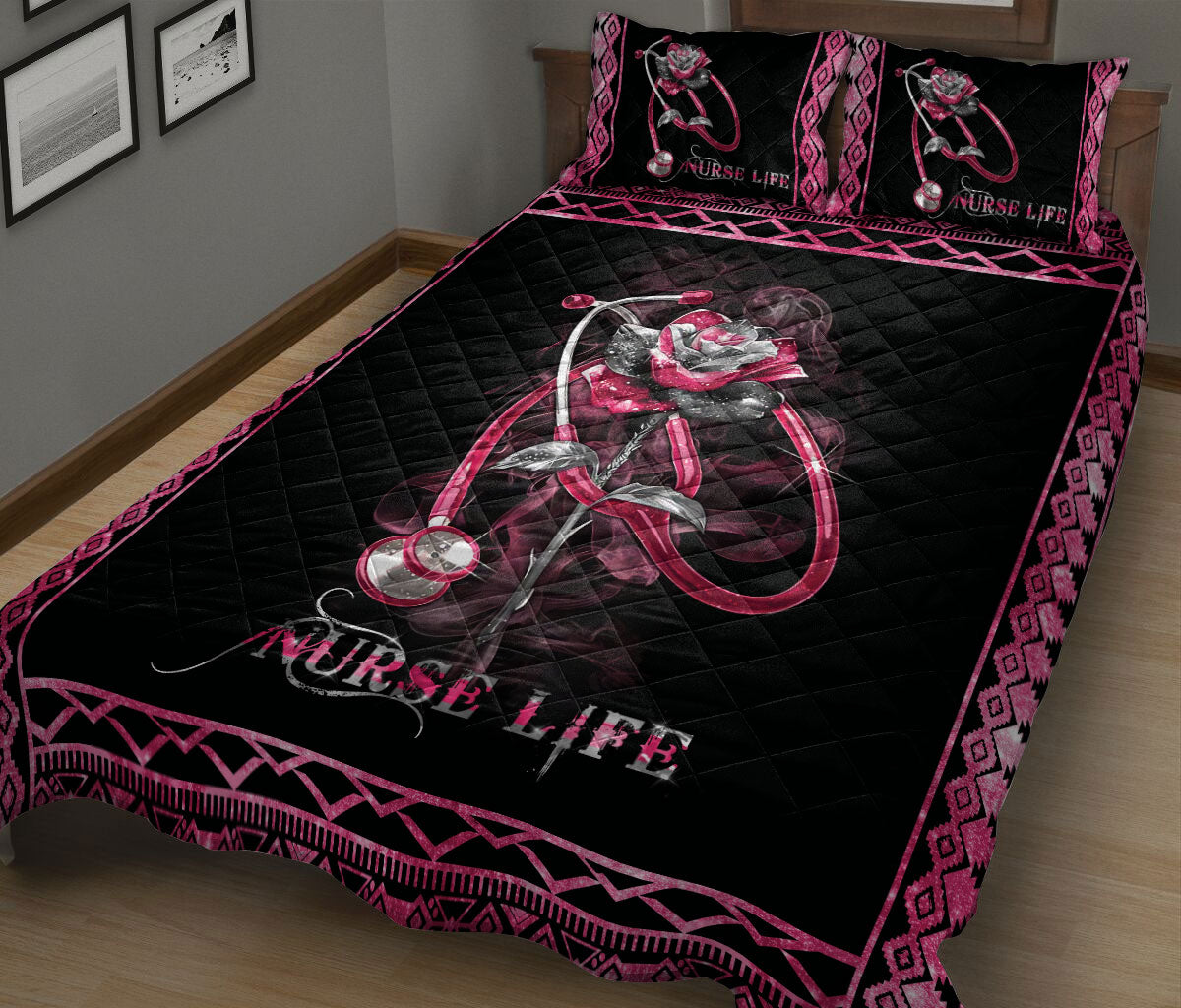 Ohaprints-Quilt-Bed-Set-Pillowcase-Nurse-Life-Pink-Rose-Stethoscope-Rn-Cna-Gift-Blanket-Bedspread-Bedding-650-King (90'' x 100'')