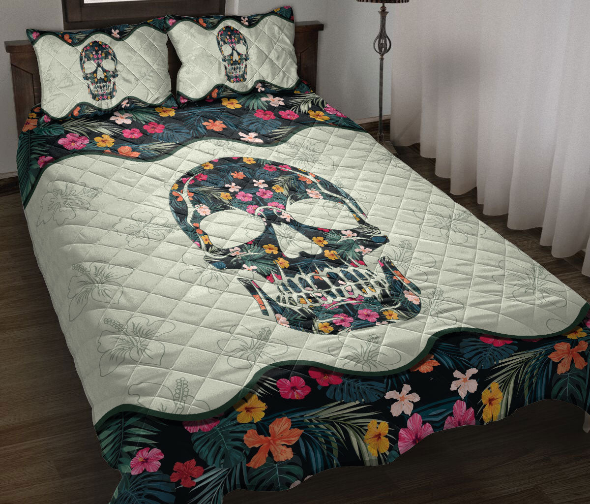 Ohaprints-Quilt-Bed-Set-Pillowcase-Tropical-Flower-Floral-Skull-Skeleton-Vintage-Style-Blanket-Bedspread-Bedding-1801-Throw (55'' x 60'')