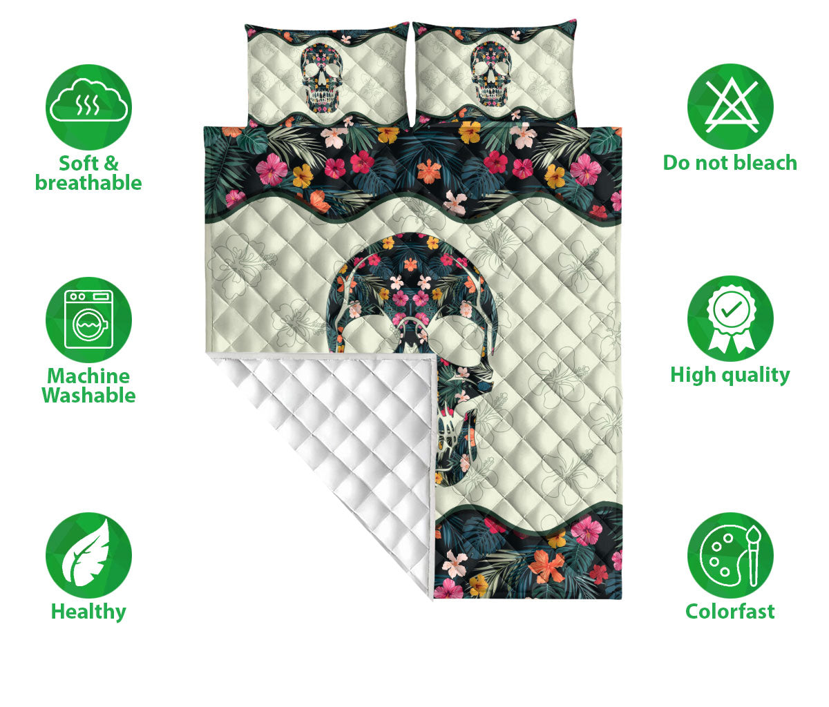 Ohaprints-Quilt-Bed-Set-Pillowcase-Tropical-Flower-Floral-Skull-Skeleton-Vintage-Style-Blanket-Bedspread-Bedding-1801-Double (70'' x 80'')