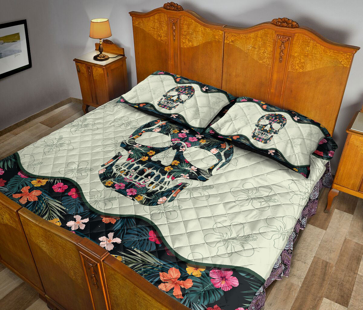 Ohaprints-Quilt-Bed-Set-Pillowcase-Tropical-Flower-Floral-Skull-Skeleton-Vintage-Style-Blanket-Bedspread-Bedding-1801-Queen (80'' x 90'')