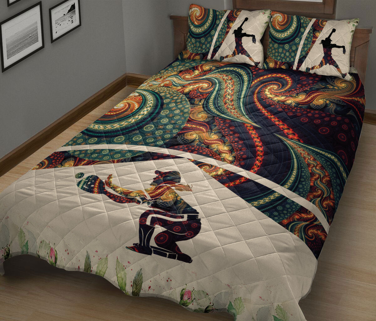 Ohaprints-Quilt-Bed-Set-Pillowcase-Softball-Baseball-Girl-Fractal-Vintage-Pattern-Blanket-Bedspread-Bedding-2990-King (90'' x 100'')