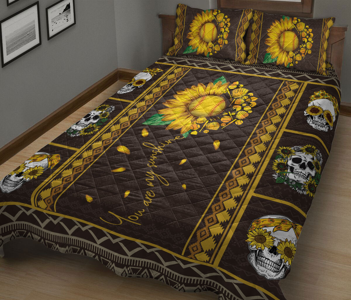 Ohaprints-Quilt-Bed-Set-Pillowcase-Softball-Sunflower-Skull-Girl-You-Are-My-Sunshine-Blanket-Bedspread-Bedding-1818-King (90'' x 100'')