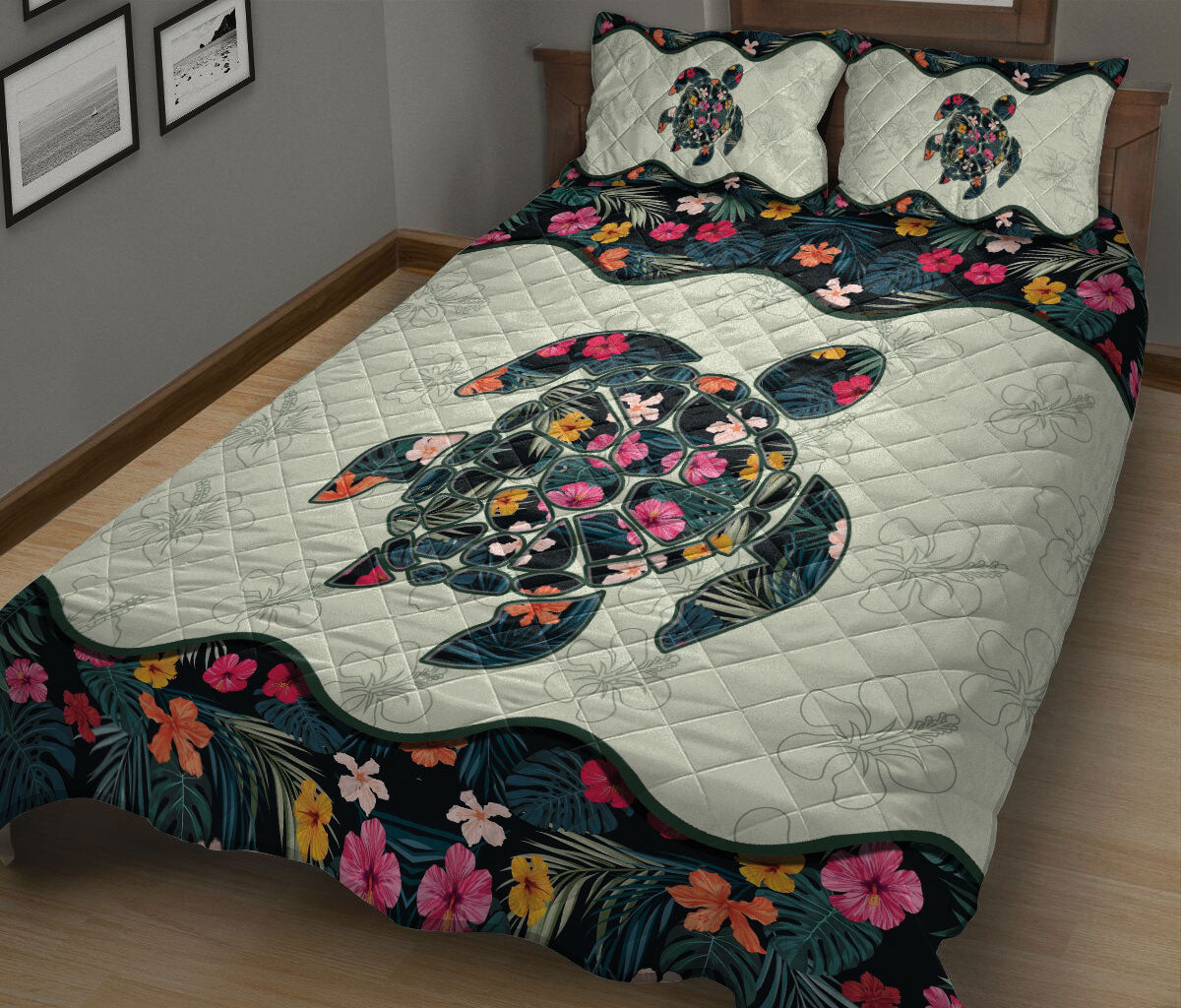 Ohaprints-Quilt-Bed-Set-Pillowcase-Tropical-Flower-Floral-Sea-Turtle-Vintage-Style-Blanket-Bedspread-Bedding-2384-King (90'' x 100'')