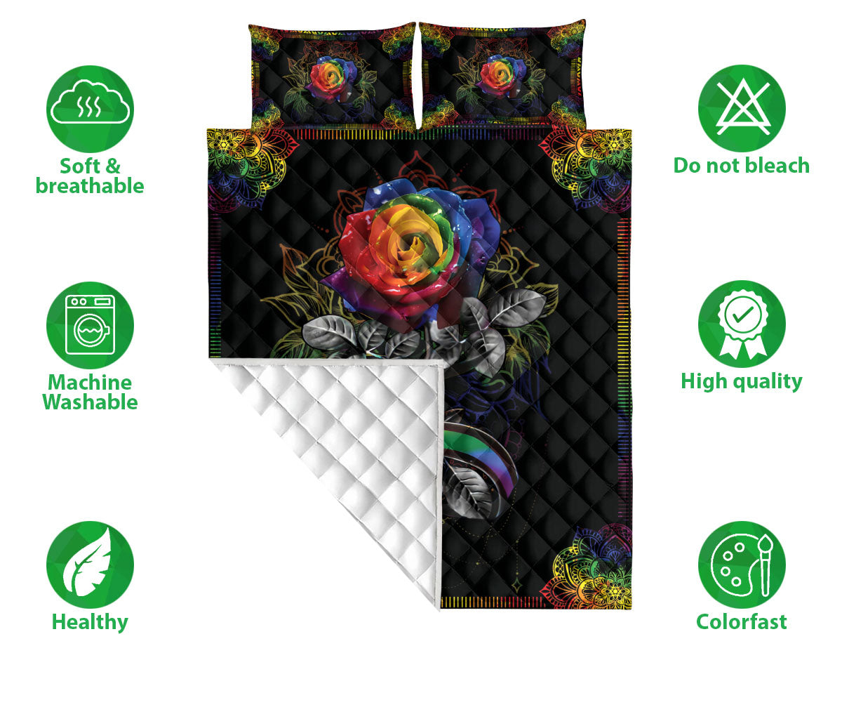 Ohaprints-Quilt-Bed-Set-Pillowcase-Rainbow-Rose-Ribbon-Mandala-Pattern-Lgbt-Pride-Blanket-Bedspread-Bedding-36-Double (70'' x 80'')