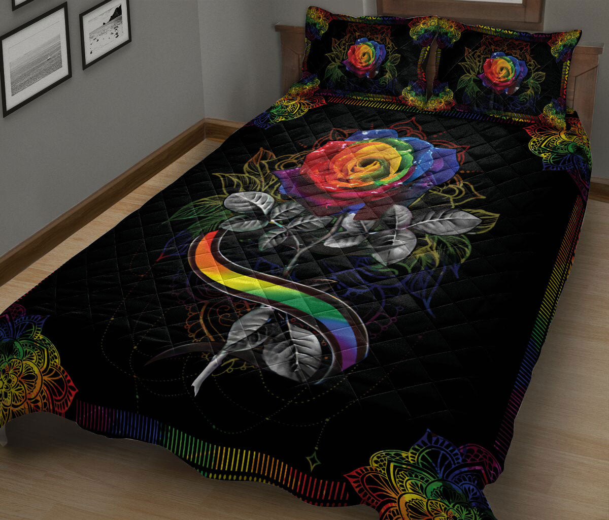 Ohaprints-Quilt-Bed-Set-Pillowcase-Rainbow-Rose-Ribbon-Mandala-Pattern-Lgbt-Pride-Blanket-Bedspread-Bedding-36-King (90'' x 100'')
