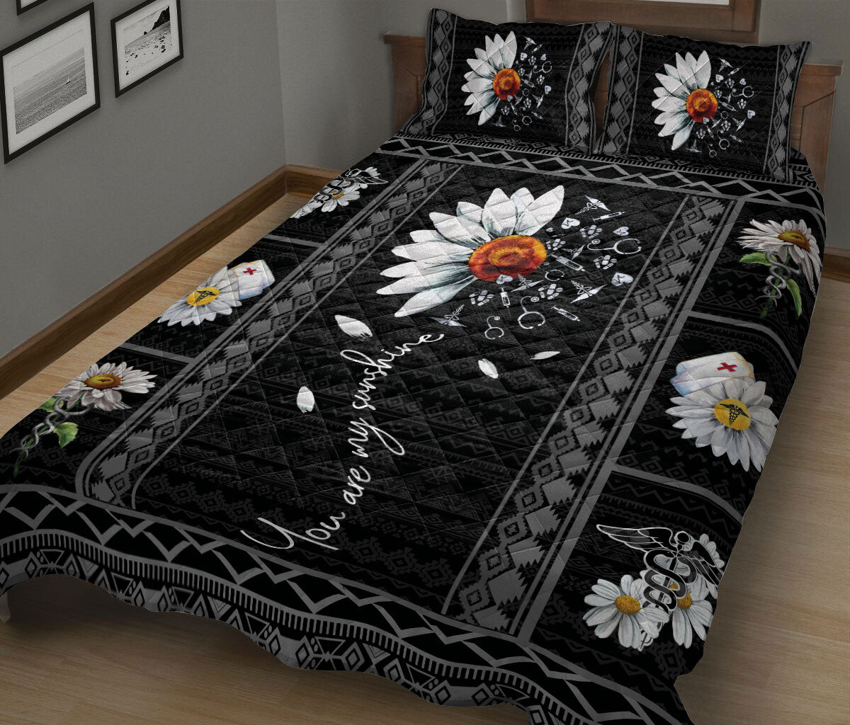 Ohaprints-Quilt-Bed-Set-Pillowcase-Patchwork-Nurse-White-Daisy-Black-And-White-Rn-Cna-Gift-Blanket-Bedspread-Bedding-634-King (90'' x 100'')