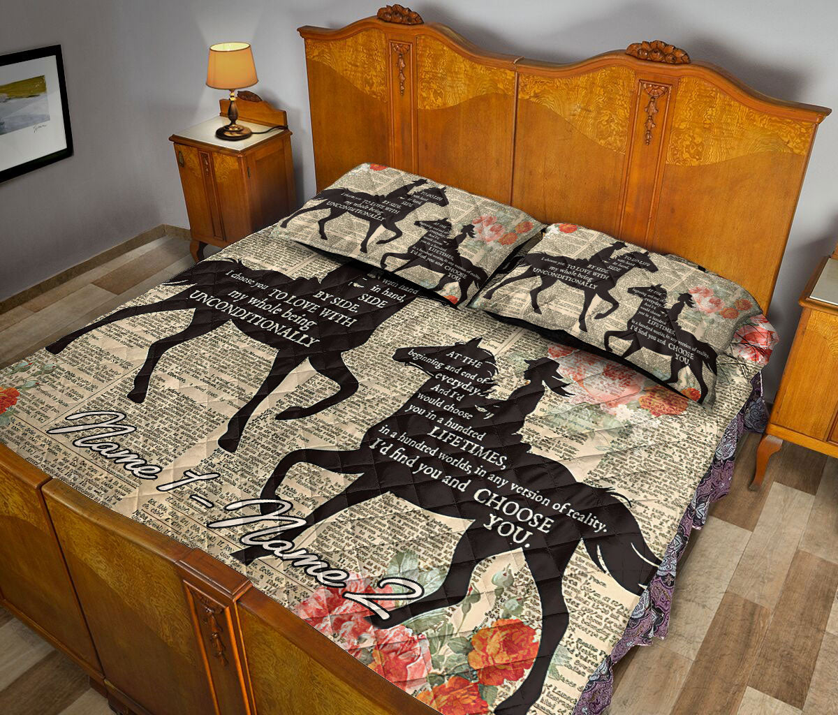 Ohaprints-Quilt-Bed-Set-Pillowcase-Western-Cowboy-Cowgirl-Couple-Horse-Lover-Brown-Custom-Personalized-Name-Blanket-Bedspread-Bedding-1447-Queen (80'' x 90'')